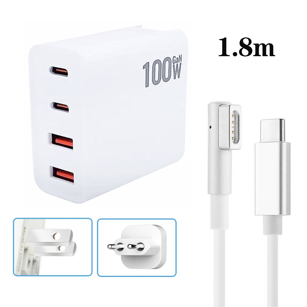 GaN 100W Dual USB+Dual USB-C/Type-C Multi Port Charger with 1.8m Type-C to MagSafe 1 / L Header Data Cable US / EU Plug GaN 100W Dual USB+Dual USB-C/Type-C Multi Port Charger with 1.8m Type-C to MagSafe 1 / L Header Data Cable US / EU Plug