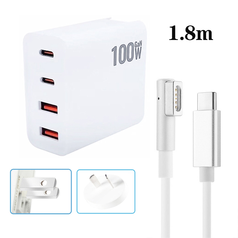 GaN 100W Dual USB+Dual USB-C/Type-C Multi Port Charger with 1.8m Type-C to MagSafe 1 / L Header Data Cable US / AU Plug GaN 100W Dual USB+Dual USB-C/Type-C Multi Port Charger with 1.8m Type-C to MagSafe 1 / L Header Data Cable US / AU Plug