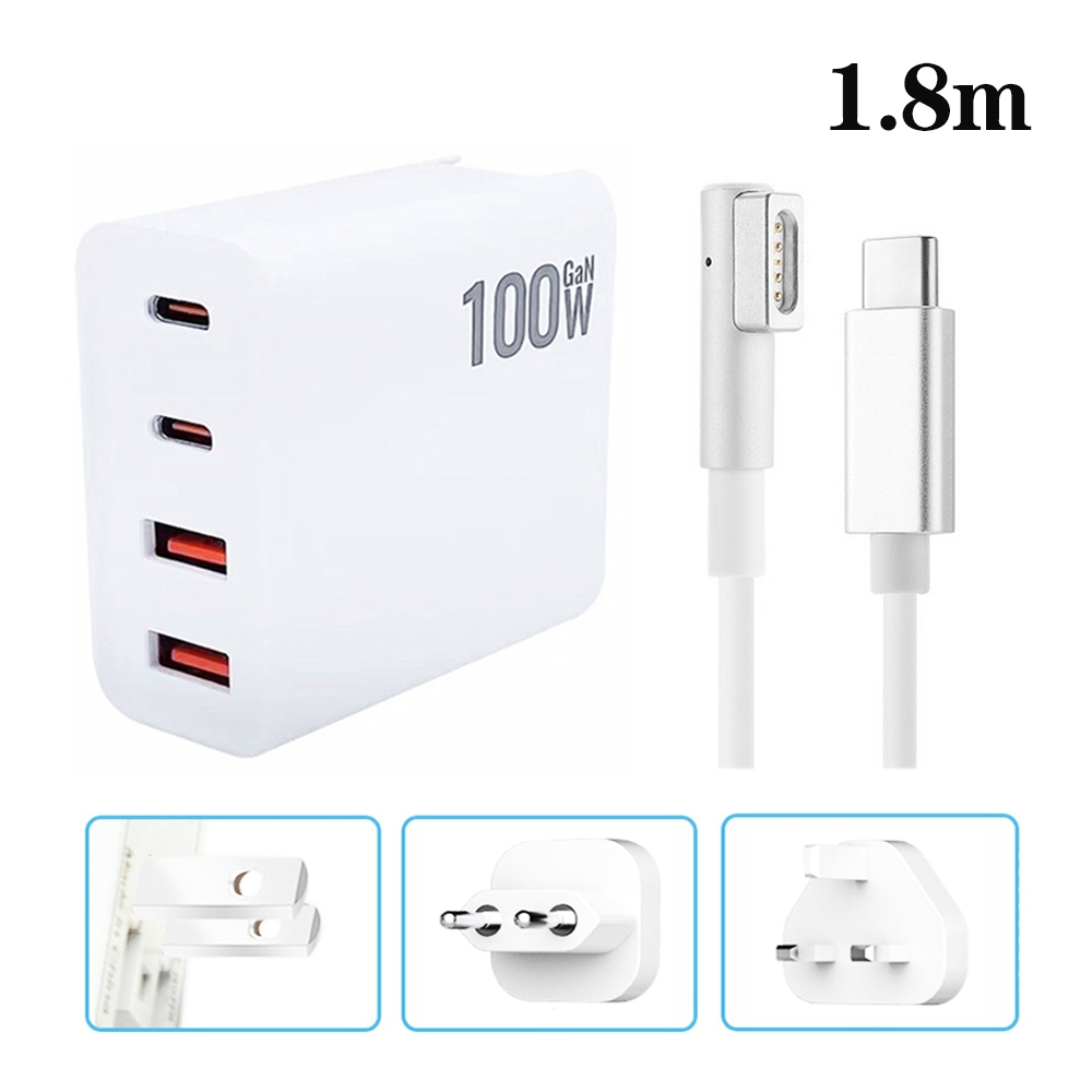 GaN 100W Dual USB+Dual USB-C/Type-C Multi Port Charger with 1.8m Type-C to MagSafe 1 / L Header Data Cable US / EU / UK Plug GaN 100W Dual USB+Dual USB-C/Type-C Multi Port Charger with 1.8m Type-C to MagSafe 1 / L Header Data Cable US / EU / UK Plug