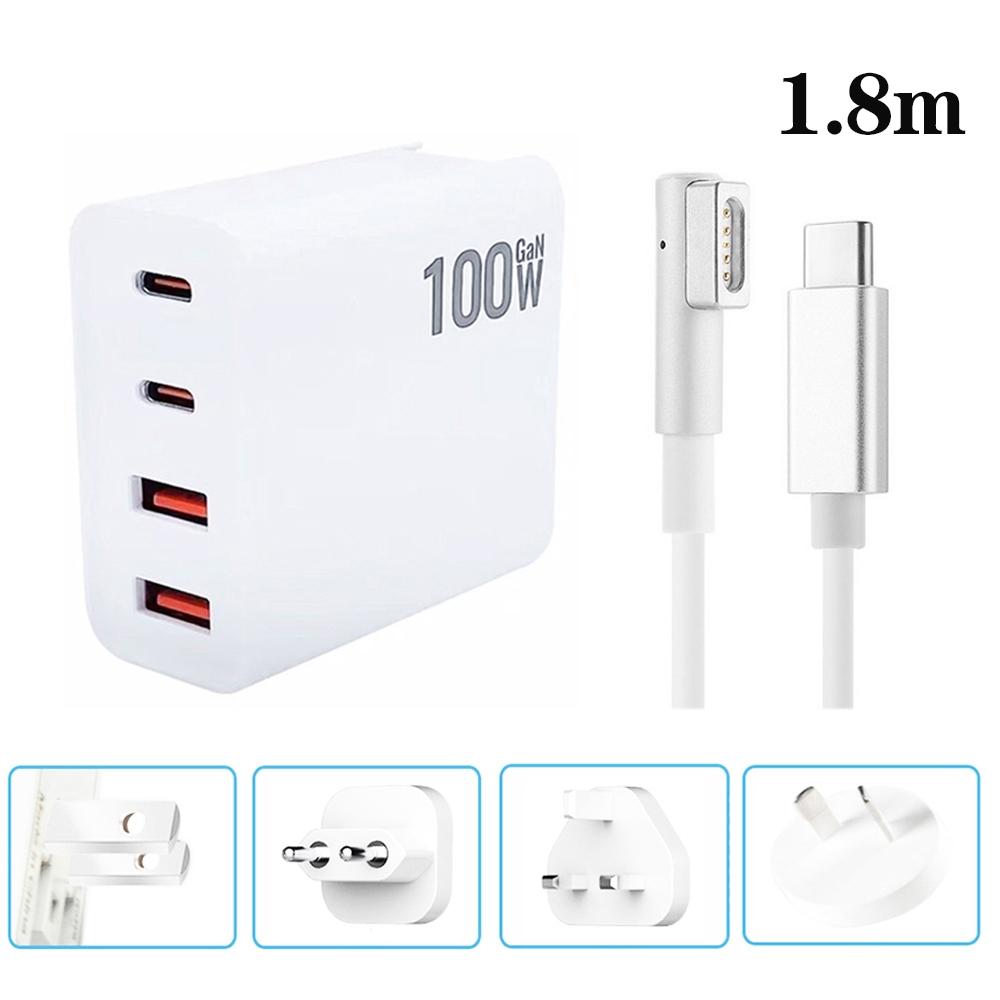 GaN 100W Dual USB+Dual USB-C/Type-C Multi Port Charger with 1.8m Type-C to MagSafe 1 / L Header Data Cable US / EU / UK / AU Plug GaN 100W Dual USB+Dual USB-C/Type-C Multi Port Charger with 1.8m Type-C to MagSafe 1 / L Header Data Cable US / EU / UK / AU Plug