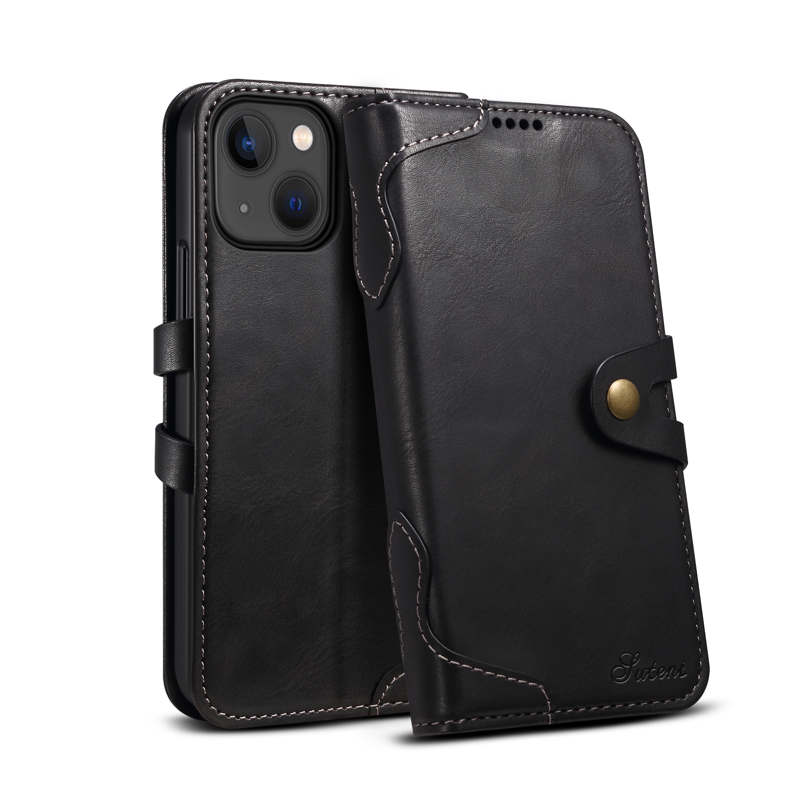 Suteni Calf Texture Buckle Wallet Leather Phone Case For iPhone 14(Black) Suteni Calf Texture Buckle Wallet Leather Phone Case For iPhone 14(Black)