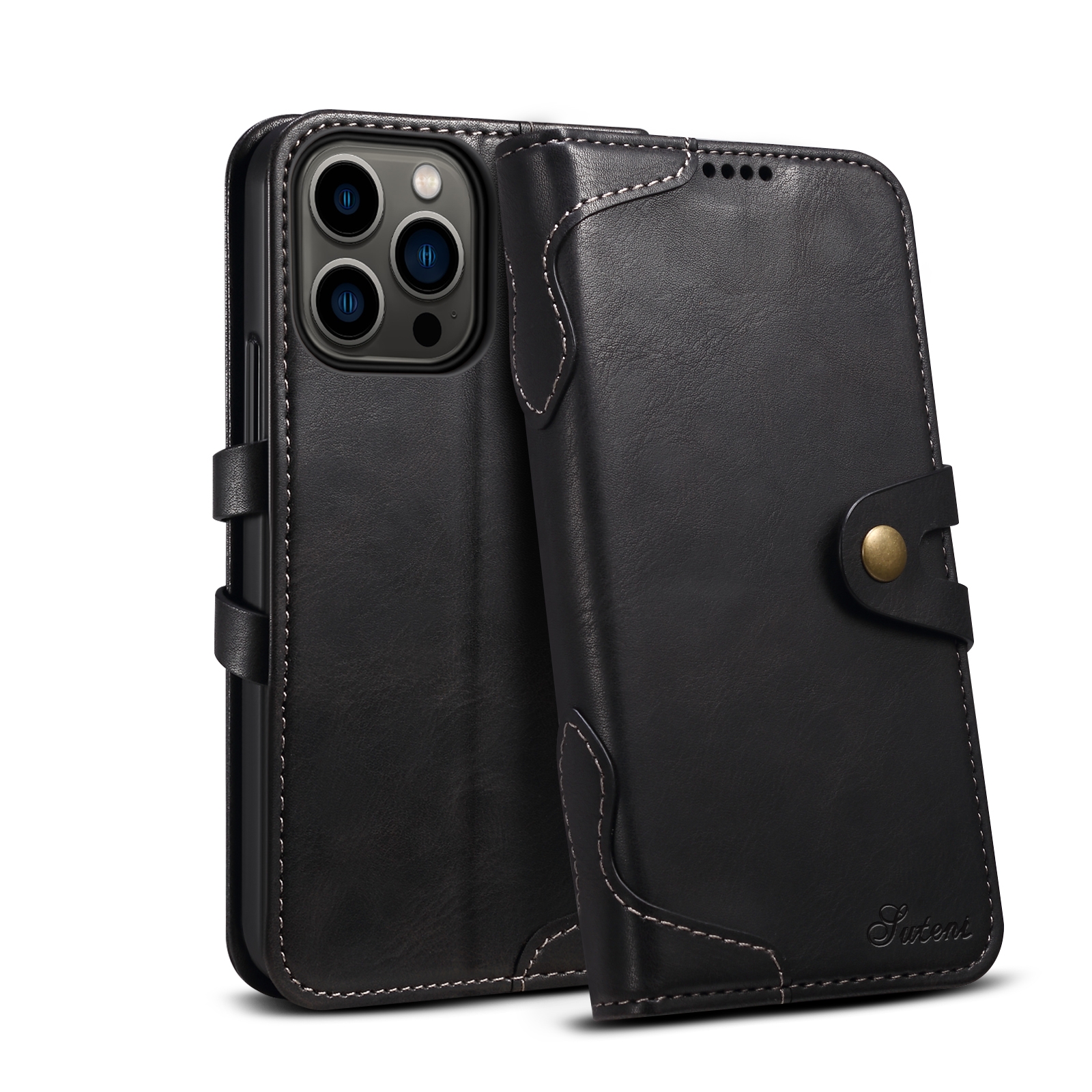 Suteni Calf Texture Buckle Wallet Leather Phone Case For iPhone 14 Pro Max(Black) Suteni Calf Texture Buckle Wallet Leather Phone Case For iPhone 14 Pro Max(Black)