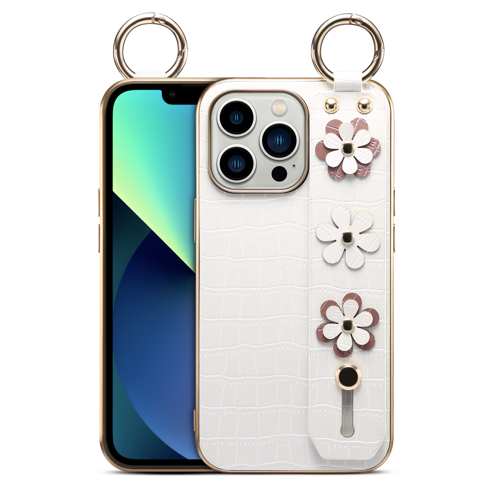 For iPhone 13 Pro Max Wristband Ring Sakura Electroplated Crocodile Leather Phone Case(White) For iPhone 13 Pro Max Wristband Ring Sakura Electroplated Crocodile Leather Phone Case(White)