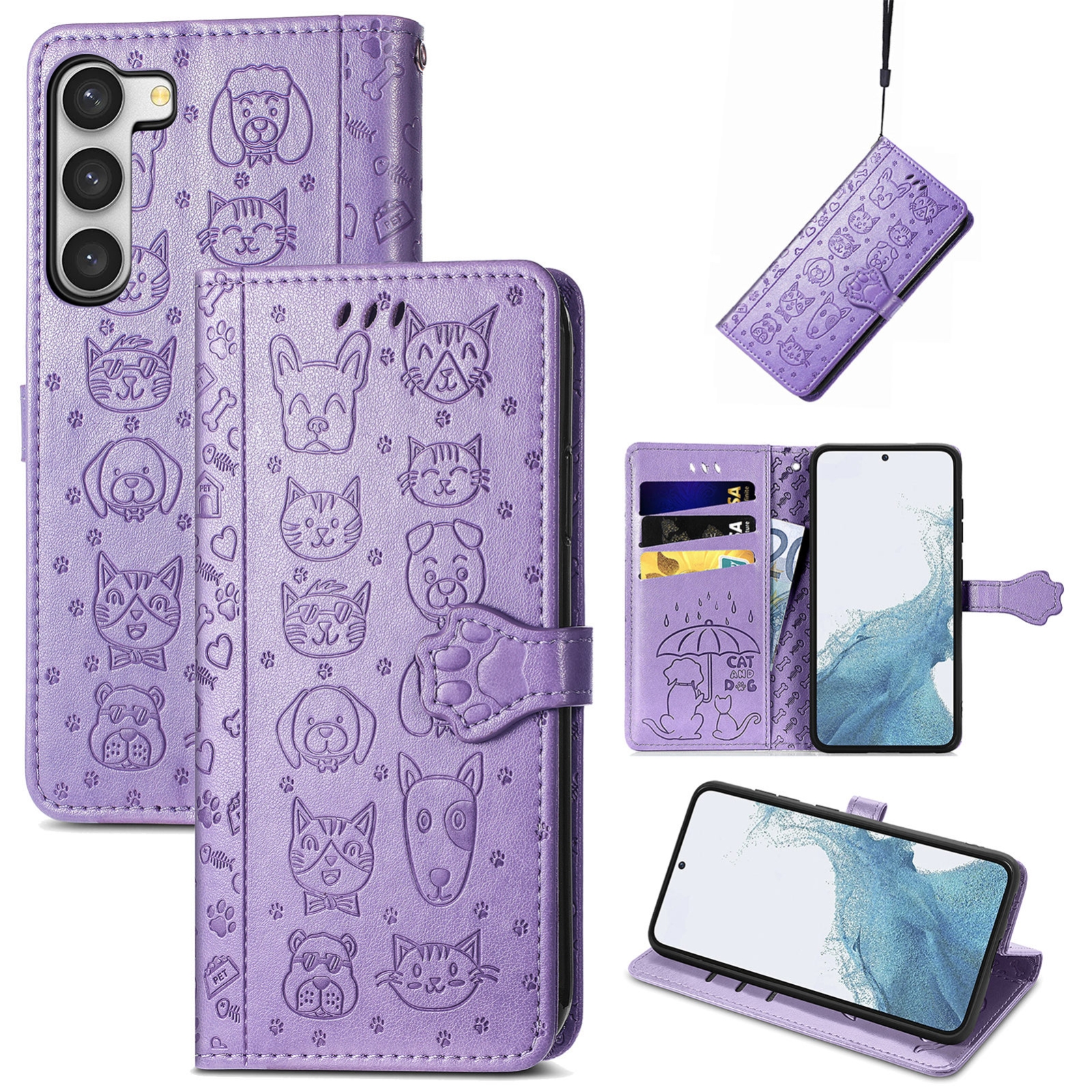 For Samsung Galaxy S23+ 5G Cute Cat and Dog Embossed Leather Phone Case(Purple) For Samsung Galaxy S23+ 5G Cute Cat and Dog Embossed Leather Phone Case(Purple)