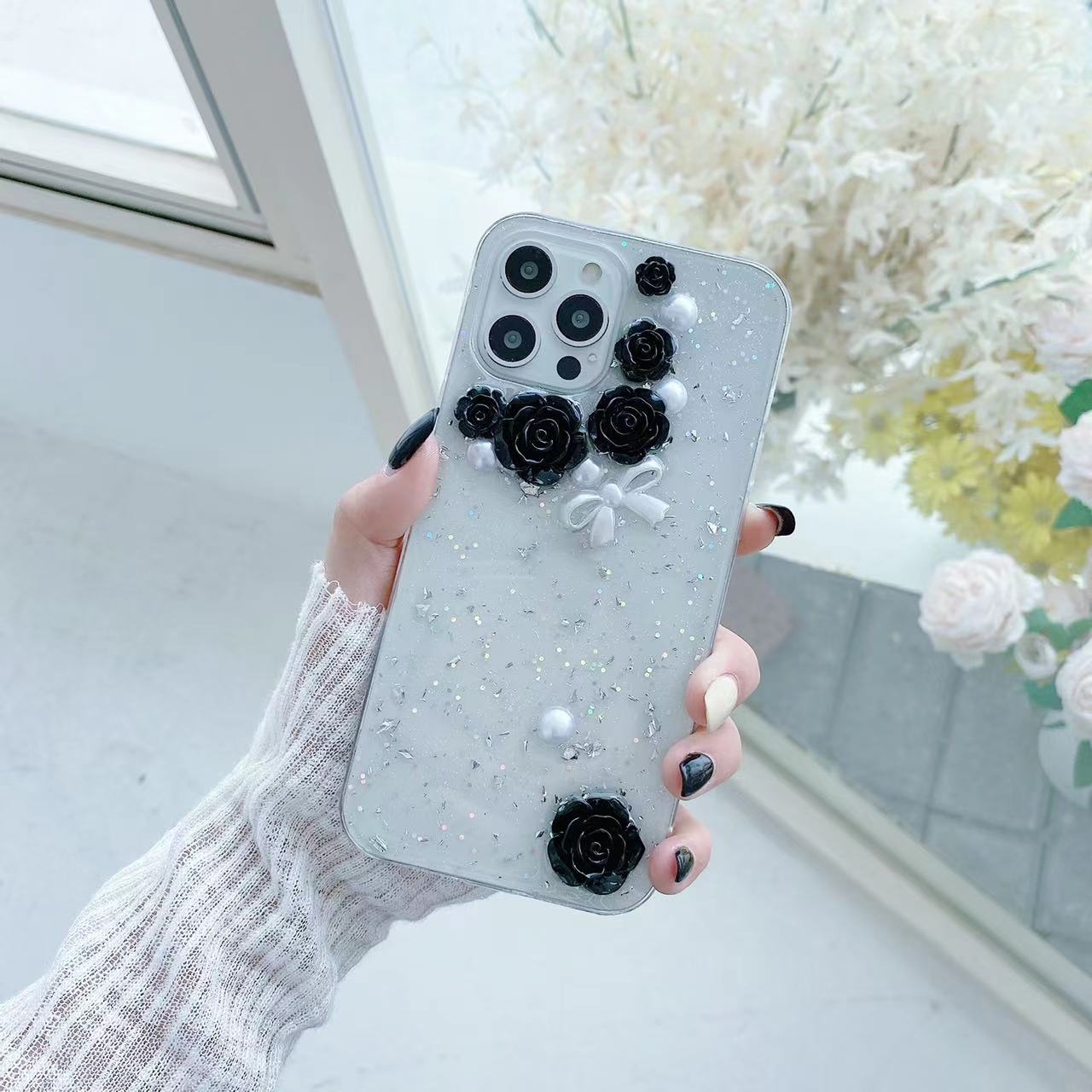 For iPhone 13 3D Pearl Bow Rose Glitter Epoxy TPU Phone Case(Black) For iPhone 13 3D Pearl Bow Rose Glitter Epoxy TPU Phone Case(Black)