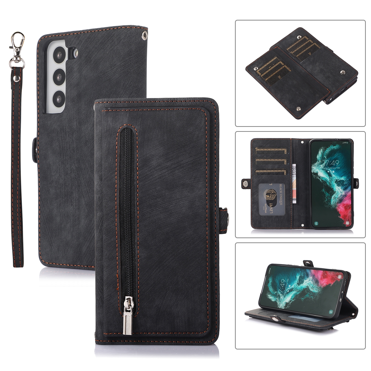 For Samsung Galaxy S22 5G Zipper Card Slot Buckle Wallet Leather Phone Case(Black) For Samsung Galaxy S22 5G Zipper Card Slot Buckle Wallet Leather Phone Case(Black)