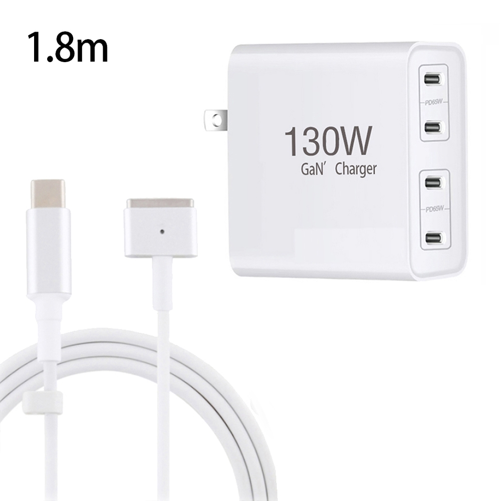 GaN 130W 4-Port USB-C PD65W / PD30W Multi Port Type-C Charger with 1.8m Type-C to MagSafe 2 / T Header Data Cable US Plug GaN 130W 4-Port USB-C PD65W / PD30W Multi Port Type-C Charger with 1.8m Type-C to MagSafe 2 / T Header Data Cable US Plug