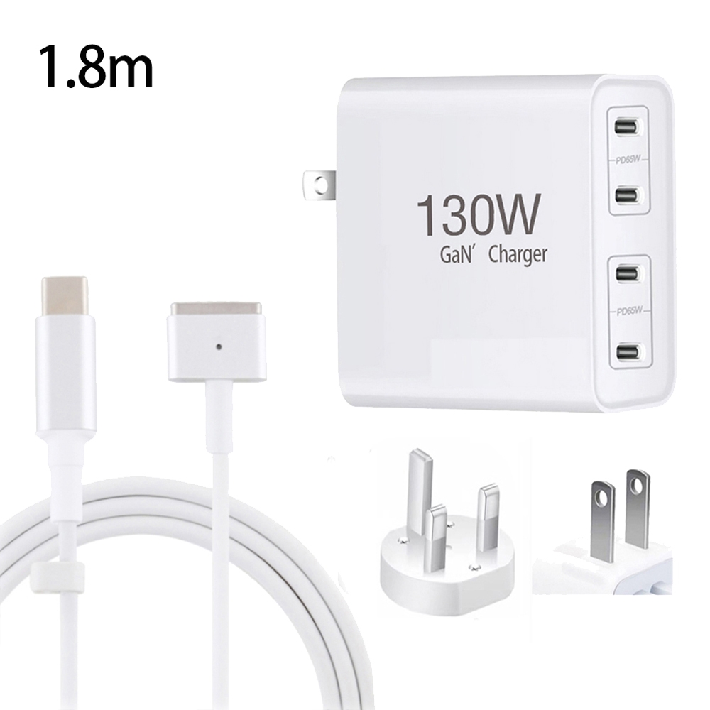 GaN 130W 4-Port USB-C PD65W / PD30W Multi Port Type-C Charger with 1.8m Type-C to MagSafe 2 / T Header Data Cable US / UK Plug GaN 130W 4-Port USB-C PD65W / PD30W Multi Port Type-C Charger with 1.8m Type-C to MagSafe 2 / T Header Data Cable US / UK Plug