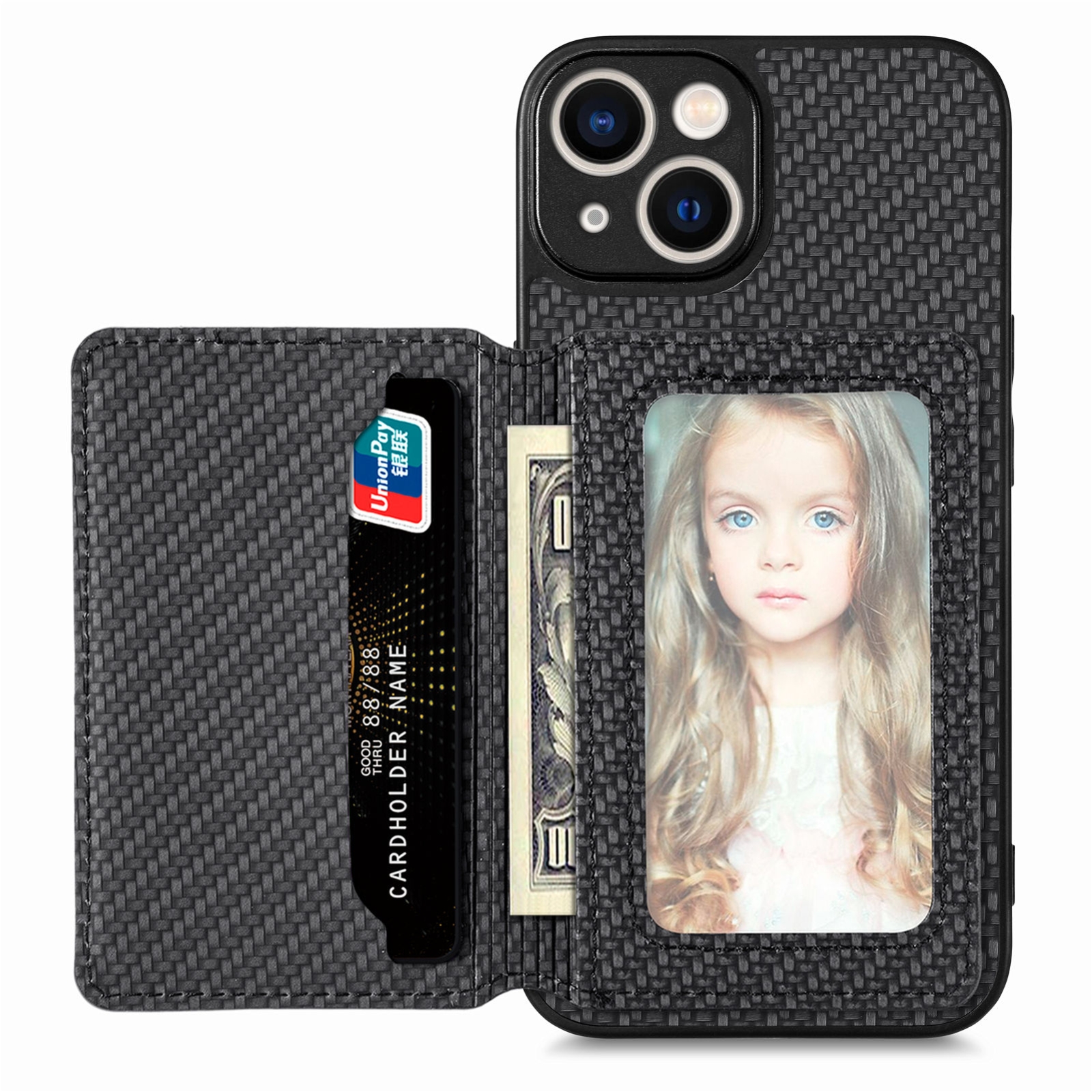 For iPhone 14 Plus Carbon Fiber Magnetic Card Bag Phone Case(Black) For iPhone 14 Plus Carbon Fiber Magnetic Card Bag Phone Case(Black)