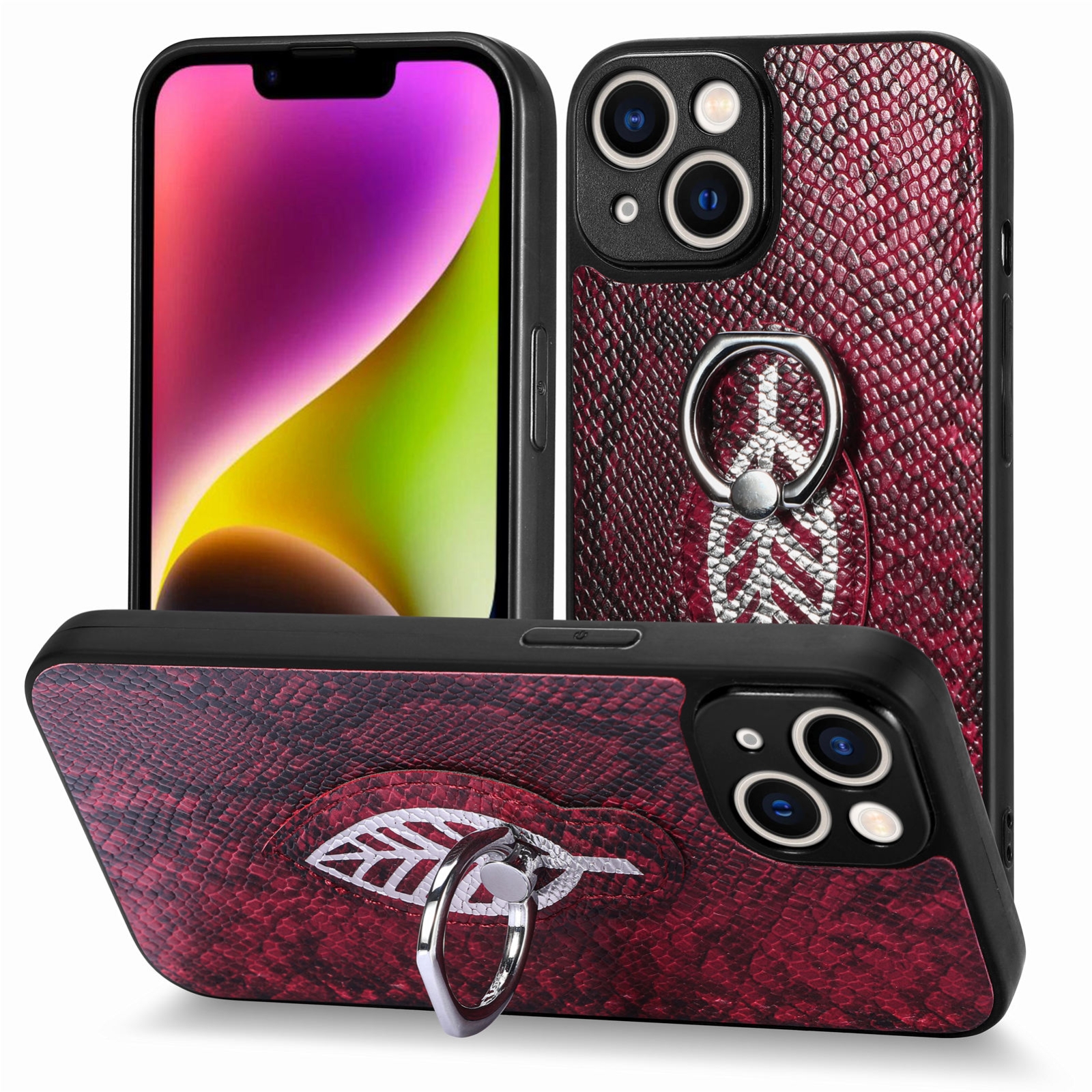 For iPhone 14 Pro Snakeskin Leather Back Cover Ring Phone Case(Red) For iPhone 14 Pro Snakeskin Leather Back Cover Ring Phone Case(Red)