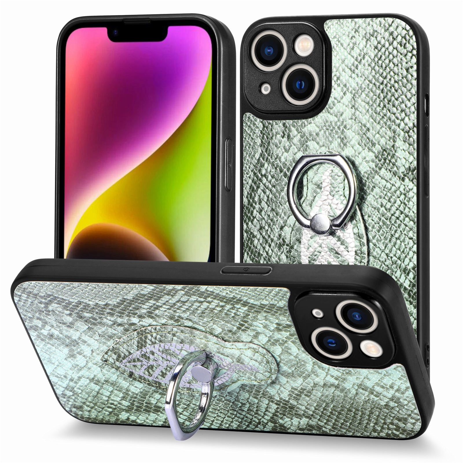 For iPhone 13 Pro Snakeskin Leather Back Cover Ring Phone Case(Green) For iPhone 13 Pro Snakeskin Leather Back Cover Ring Phone Case(Green)