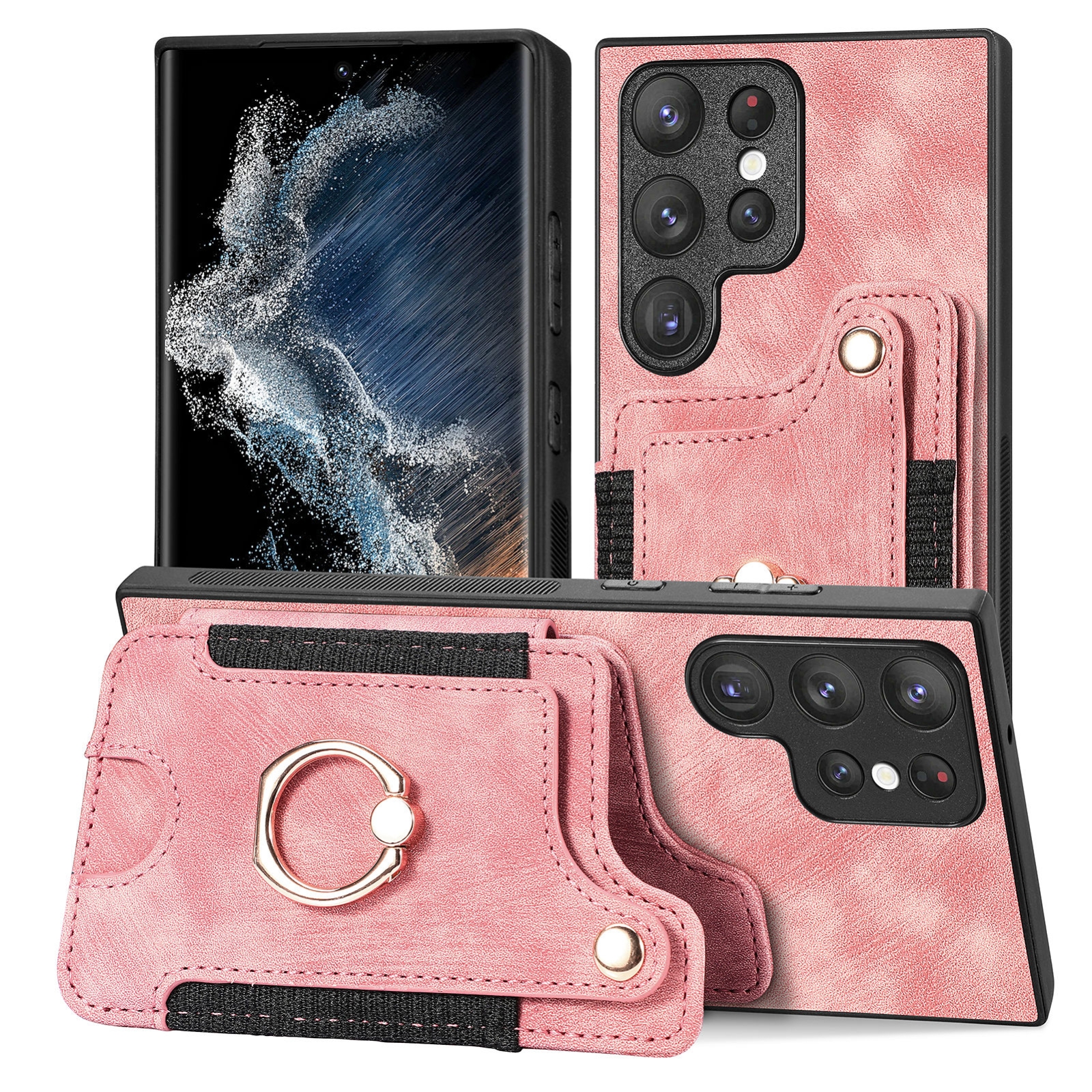 For Samsung Galaxy S22 Ultra 5G Retro Skin-feel Ring Multi-card Wallet Phone Case(Pink) For Samsung Galaxy S22 Ultra 5G Retro Skin-feel Ring Multi-card Wallet Phone Case(Pink)