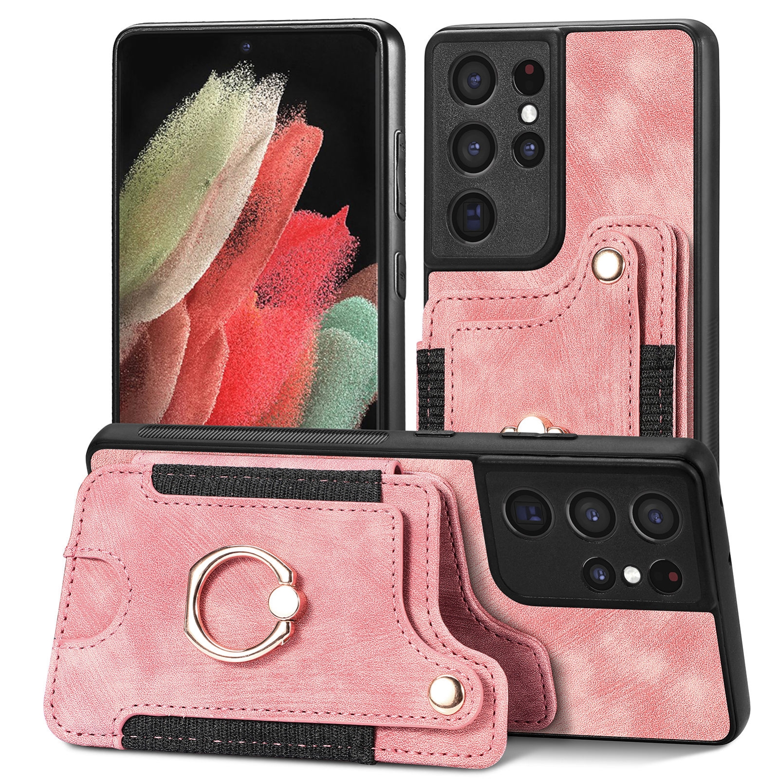 For Samsung Galaxy S21 Ultra 5G Retro Skin-feel Ring Multi-card Wallet Phone Case(Pink) For Samsung Galaxy S21 Ultra 5G Retro Skin-feel Ring Multi-card Wallet Phone Case(Pink)