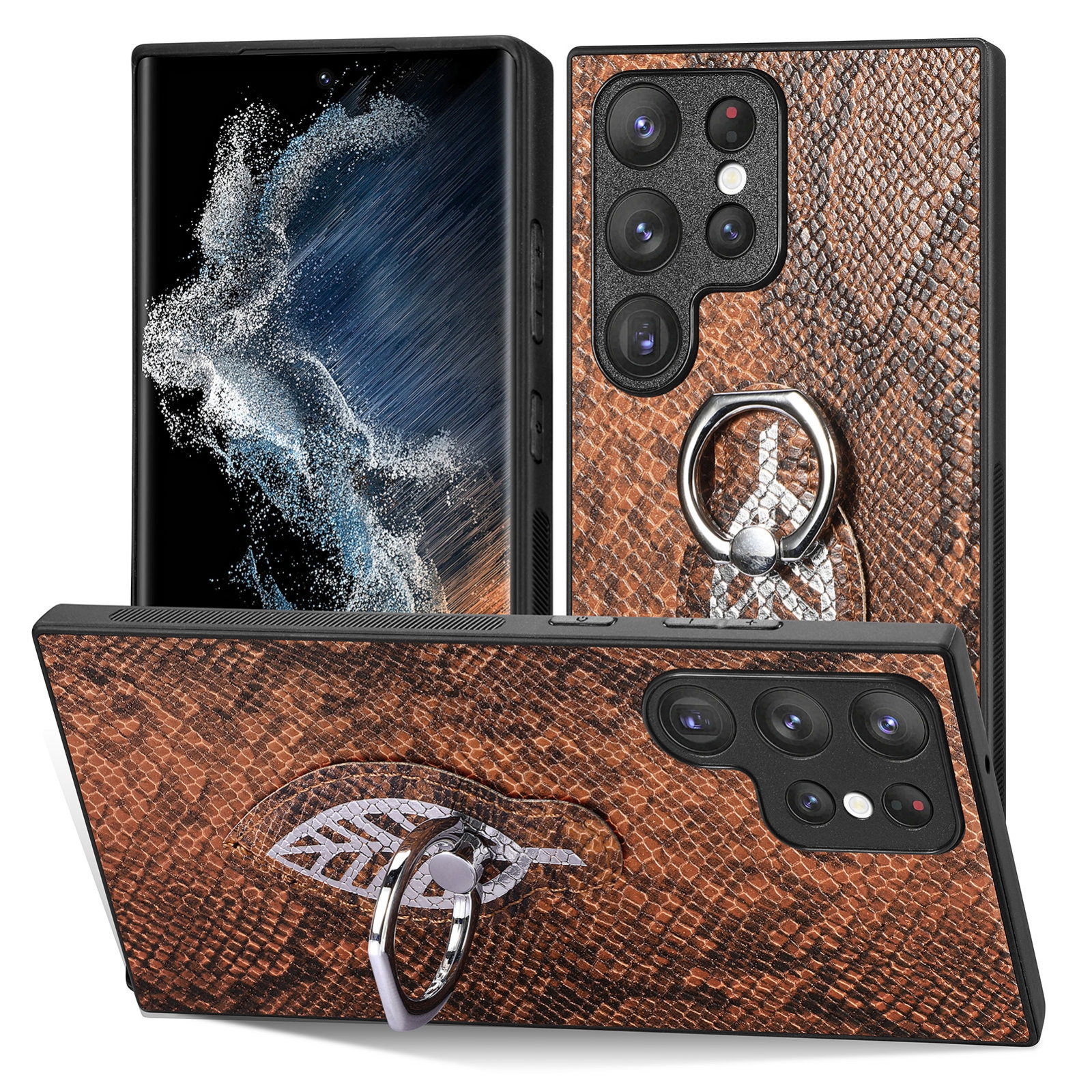 For Samsung Galaxy S22+ 5G Snakeskin Ring Leather Back Cover Phone Case(Brown) For Samsung Galaxy S22+ 5G Snakeskin Ring Leather Back Cover Phone Case(Brown)