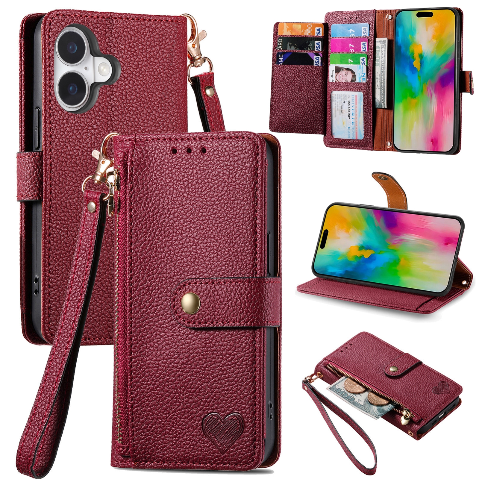 For iPhone 16 Love Zipper Lanyard Leather Phone Case(Red) For iPhone 16 Love Zipper Lanyard Leather Phone Case(Red)