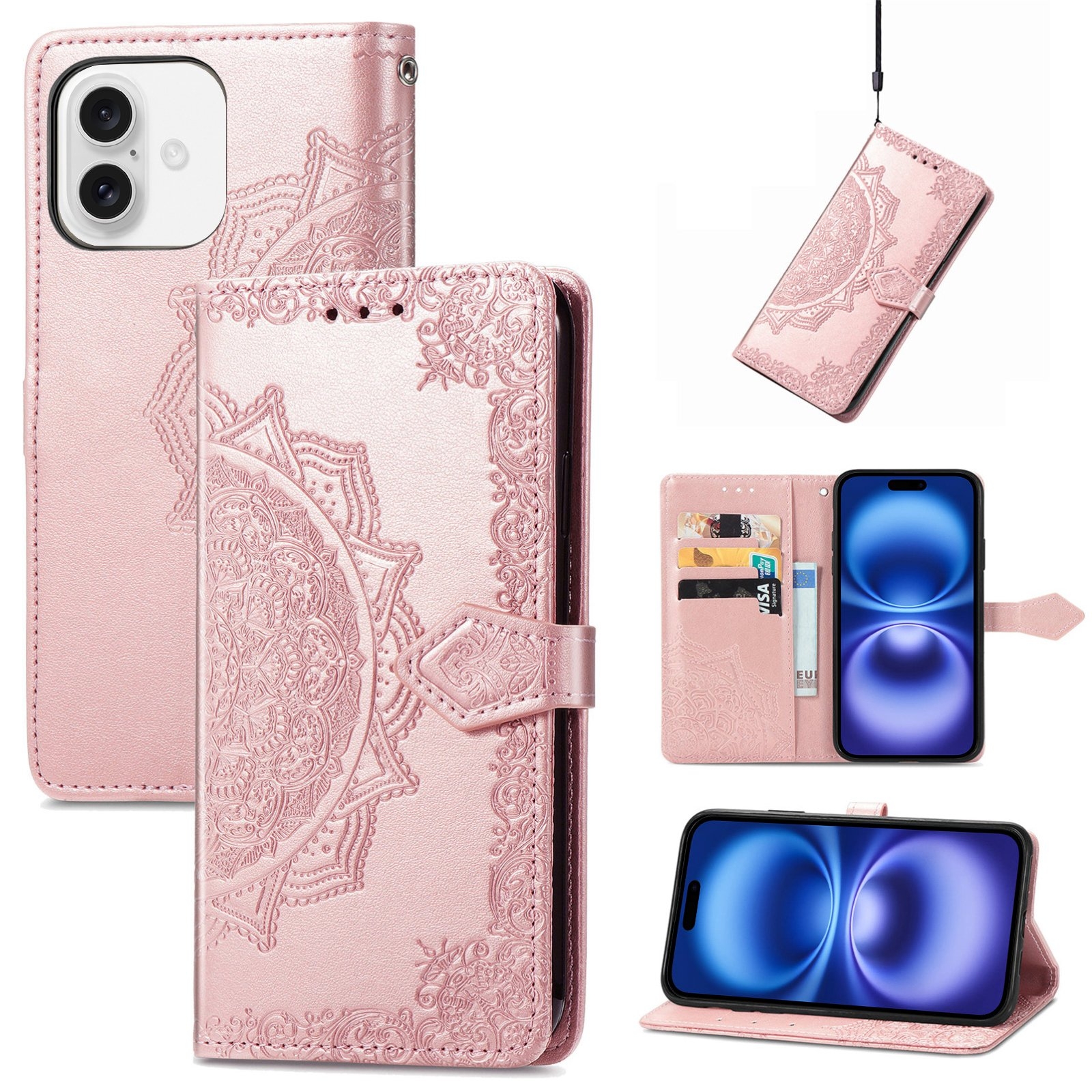 For iPhone 16 Mandala Flower Embossed Leather Phone Case(Rose Gold) For iPhone 16 Mandala Flower Embossed Leather Phone Case(Rose Gold)