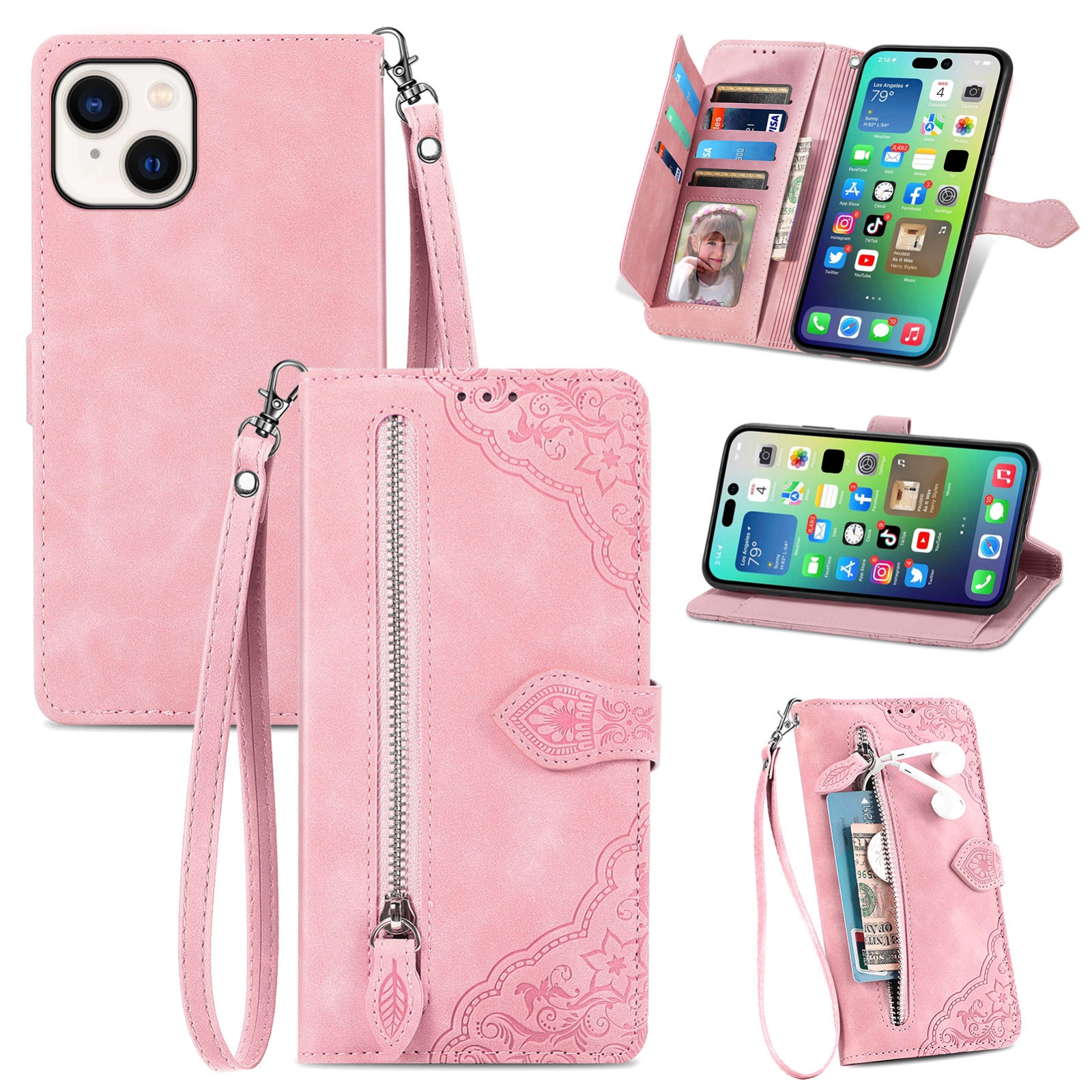 For iPhone 15 Plus Embossed Flower Zipper Leather Phone Case(Pink) For iPhone 15 Plus Embossed Flower Zipper Leather Phone Case(Pink)