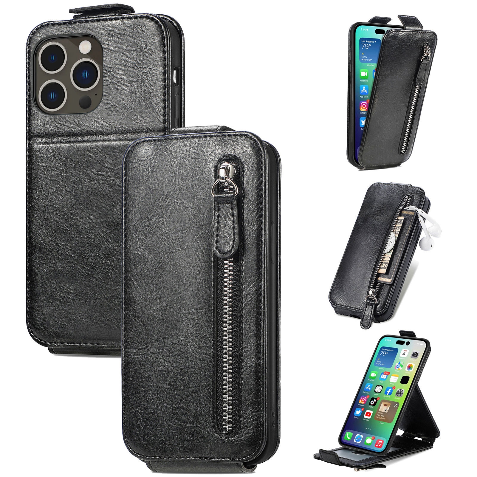 For iPhone 15 Pro Zipper Wallet Vertical Flip Leather Phone Case(Black) For iPhone 15 Pro Zipper Wallet Vertical Flip Leather Phone Case(Black)