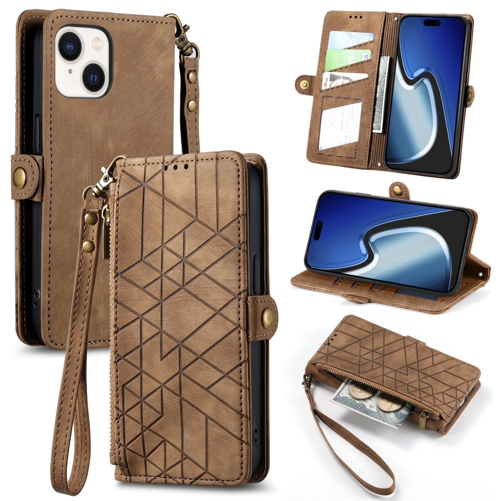 For iPhone 15 Plus Geometric Zipper Wallet Side Buckle Leather Phone Case(Brown) For iPhone 15 Plus Geometric Zipper Wallet Side Buckle Leather Phone Case(Brown)