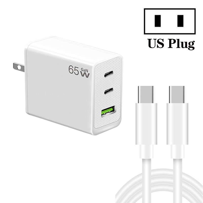 GaN PD65W Type-C x 2 + USB3.0 Charger with Type-C to Type-C Data Cable ,US Plug(White) GaN PD65W Type-C x 2 + USB3.0 Charger with Type-C to Type-C Data Cable ,US Plug(White)