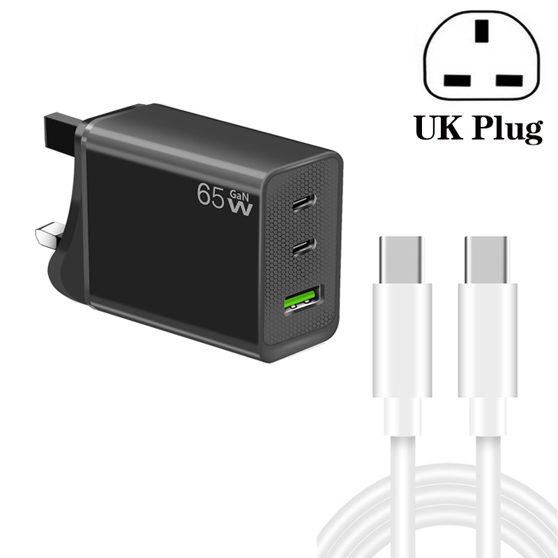 GaN PD65W Type-C x 2 + USB3.0 Charger with Type-C to Type-C Data Cable ,UK Plug(Black) GaN PD65W Type-C x 2 + USB3.0 Charger with Type-C to Type-C Data Cable ,UK Plug(Black)