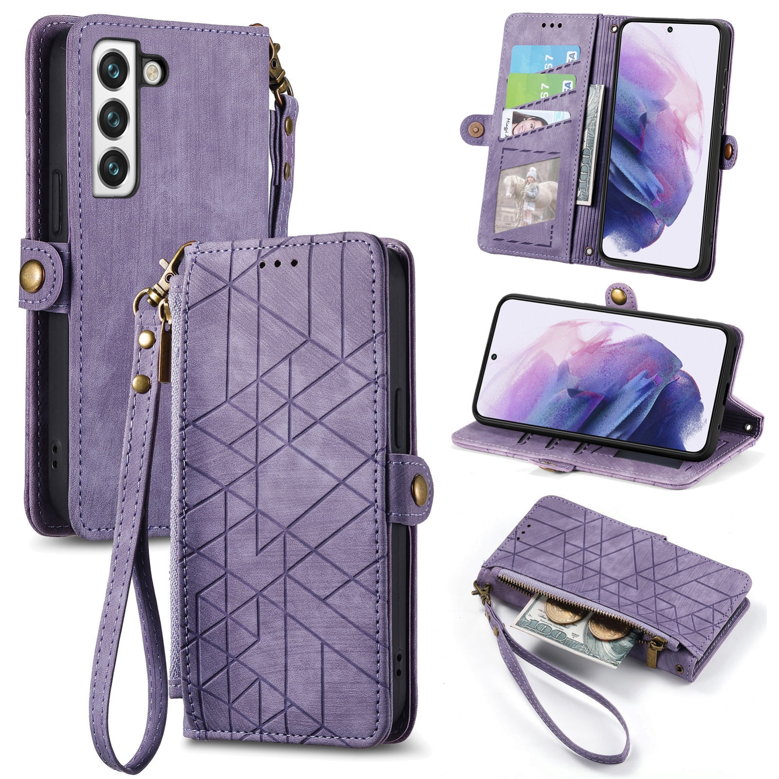 For Samsung Galaxy S21+ 5G Geometric Zipper Wallet Side Buckle Leather Phone Case(Purple) For Samsung Galaxy S21+ 5G Geometric Zipper Wallet Side Buckle Leather Phone Case(Purple)