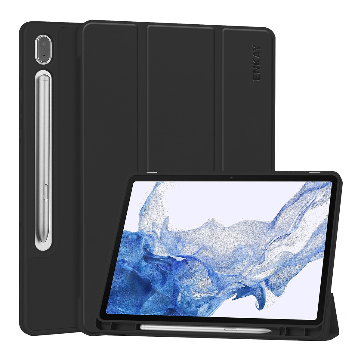 For Samsung Galaxy Tab S9 ENKAY Tri-fold Custer Leather TPU Bottom Smart Case with Pen Slot(Black) For Samsung Galaxy Tab S9 ENKAY Tri-fold Custer Leather TPU Bottom Smart Case with Pen Slot(Black)