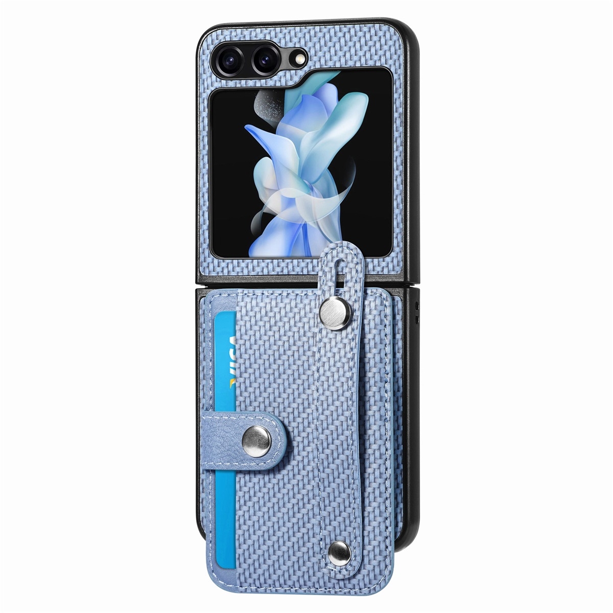 For Samsung Galaxy Z Flip6 JUNSUNMAY Carbon Fiber Pattern Leather Skin PC Folding Phone Case(Blue) For Samsung Galaxy Z Flip6 JUNSUNMAY Carbon Fiber Pattern Leather Skin PC Folding Phone Case(Blue)