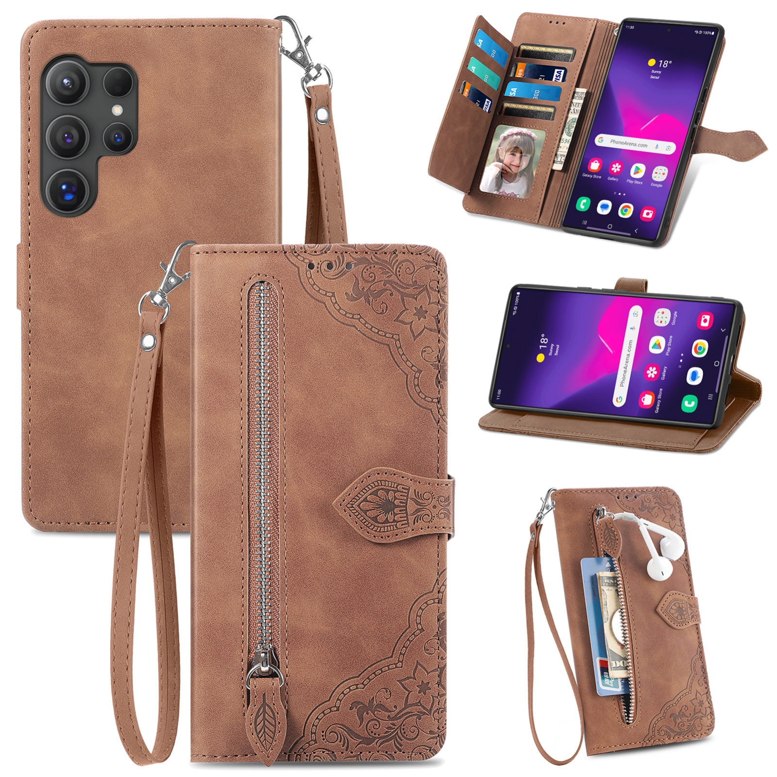For Samsung Galaxy S24 Ultra 5G Embossed Flower Zipper Leather Phone Case(Brown) For Samsung Galaxy S24 Ultra 5G Embossed Flower Zipper Leather Phone Case(Brown)