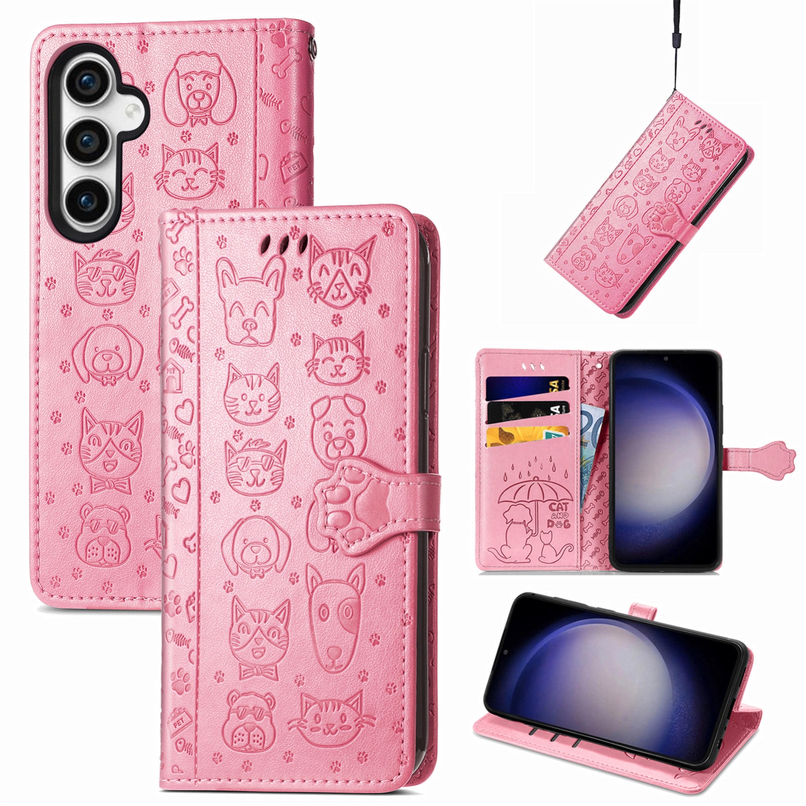 For Samsung Galaxy S23 FE 5G Cat and Dog Embossed Leather Phone Case(Pink) For Samsung Galaxy S23 FE 5G Cat and Dog Embossed Leather Phone Case(Pink)