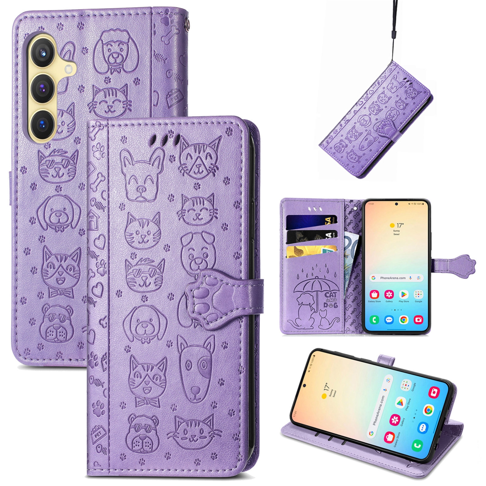 For Samsung Galaxy S25 5G Cat and Dog Embossed Leather Phone Case(Purple) For Samsung Galaxy S25 5G Cat and Dog Embossed Leather Phone Case(Purple)