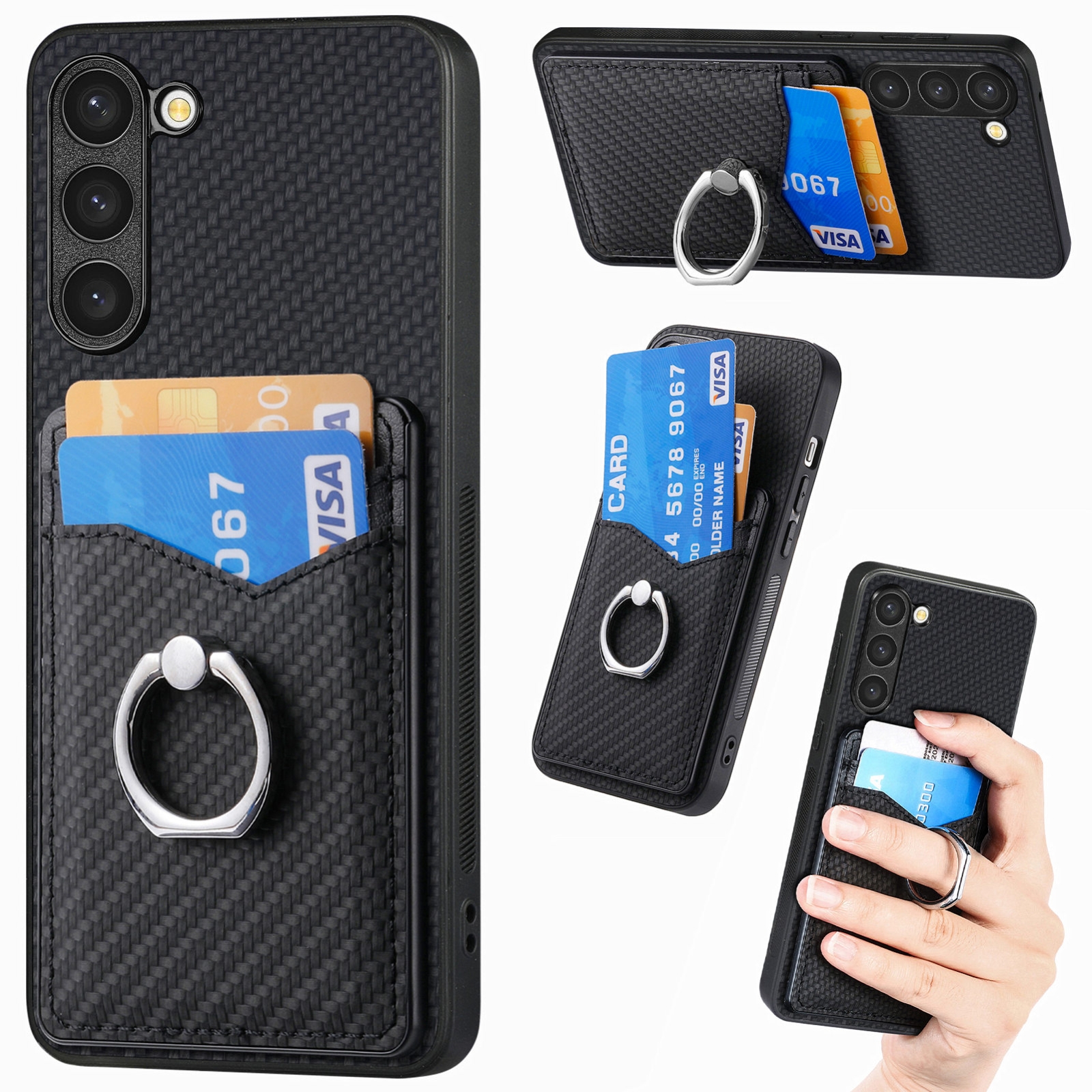 For Samsung Galaxy S23+ 5G Carbon Fiber Card Wallet Folding Ring Holder Phone Case(Black) For Samsung Galaxy S23+ 5G Carbon Fiber Card Wallet Folding Ring Holder Phone Case(Black)