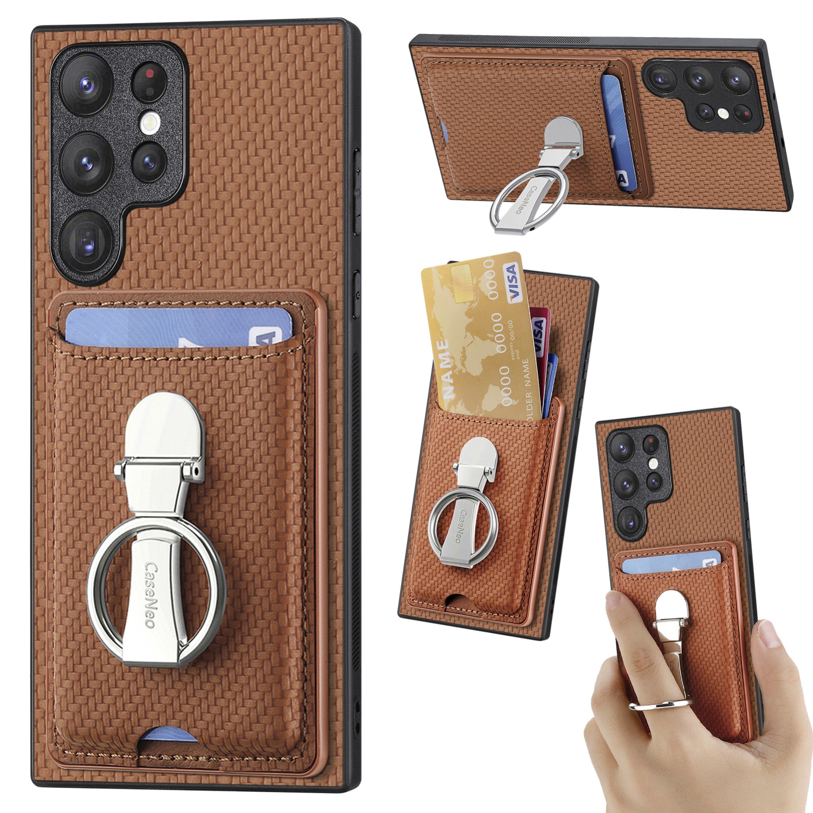 For Samsung Galaxy S22 Ultra 5G Carbon Fiber Card Wallet Folding Ring Holder Phone Case(Brown) For Samsung Galaxy S22 Ultra 5G Carbon Fiber Card Wallet Folding Ring Holder Phone Case(Brown)