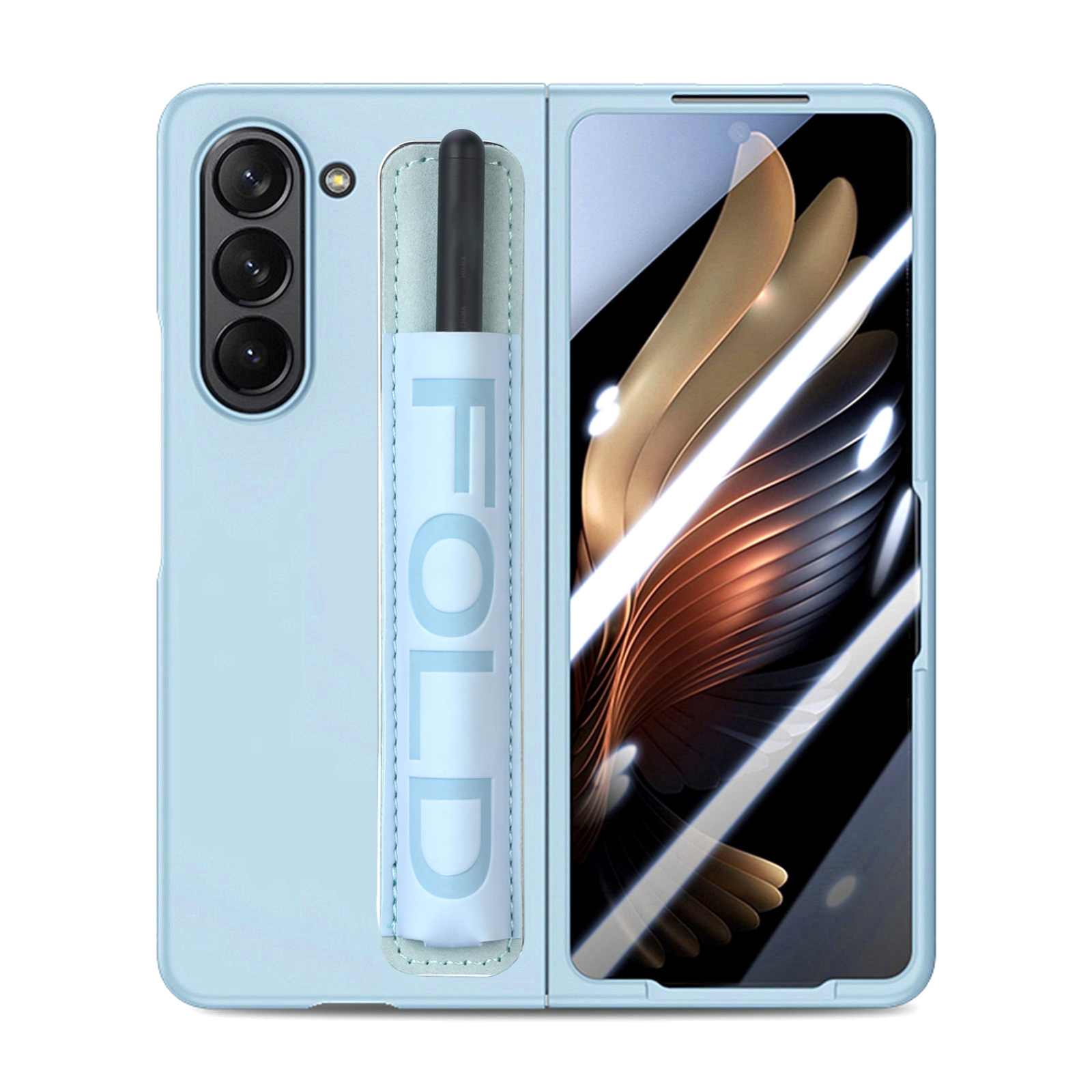 For Samsung Galaxy Z Fold5 5G Integrated Film Wrist Grip Leather Phone Case with Pen Slot(Bule) For Samsung Galaxy Z Fold5 5G Integrated Film Wrist Grip Leather Phone Case with Pen Slot(Bule)