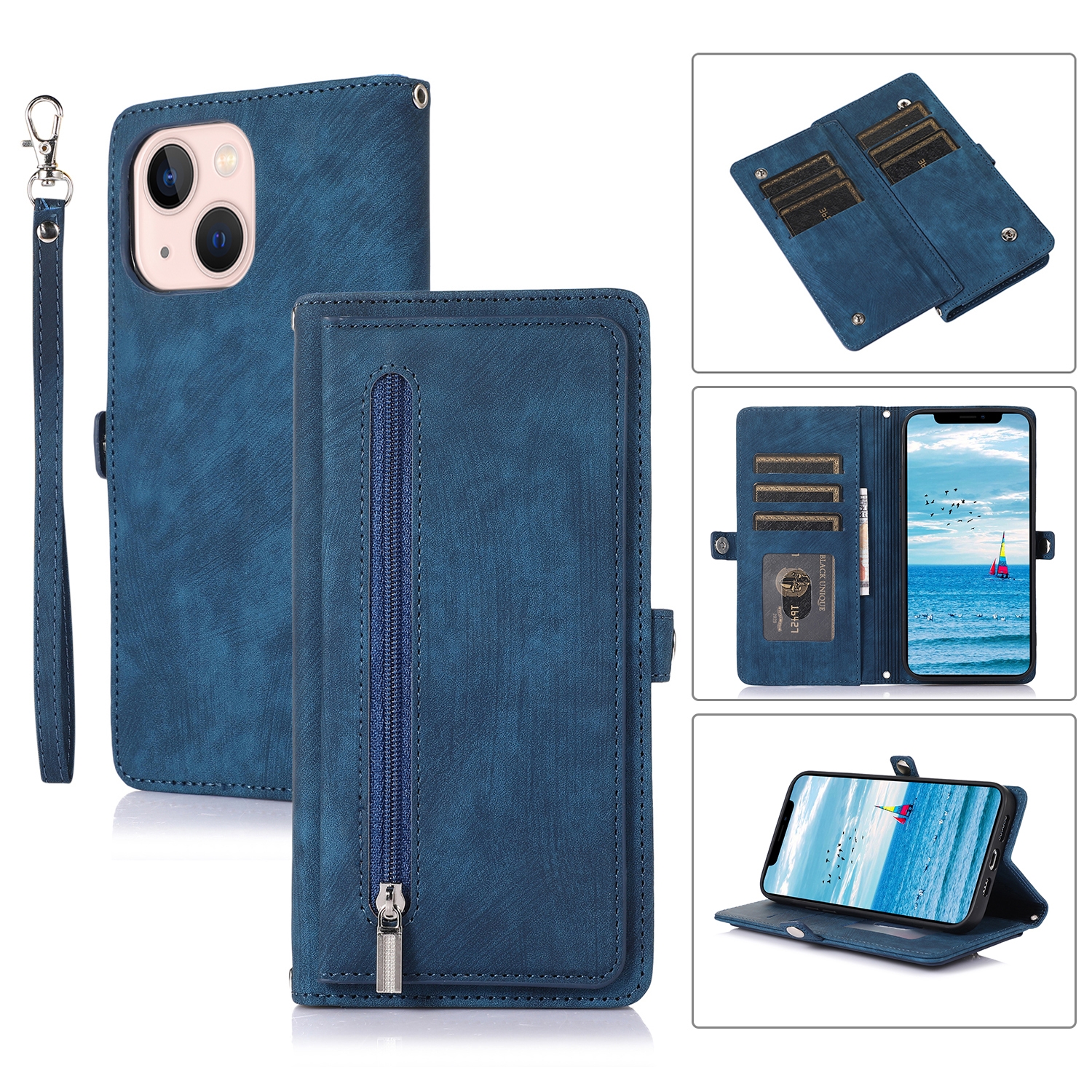 For iPhone 15 Zipper Card Slot Buckle Wallet Leather Phone Case(Blue) For iPhone 15 Zipper Card Slot Buckle Wallet Leather Phone Case(Blue)
