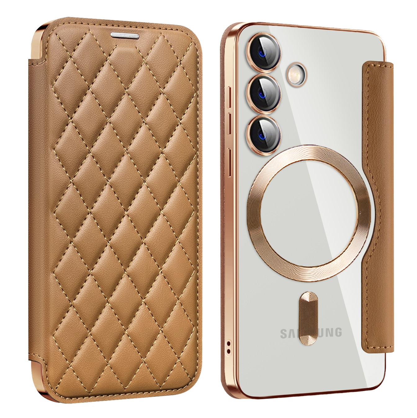 For Samsung Galaxy S24 5G Shield MagSafe RFID Anti-theft Rhombus Leather Phone Case(Brown) For Samsung Galaxy S24 5G Shield MagSafe RFID Anti-theft Rhombus Leather Phone Case(Brown)