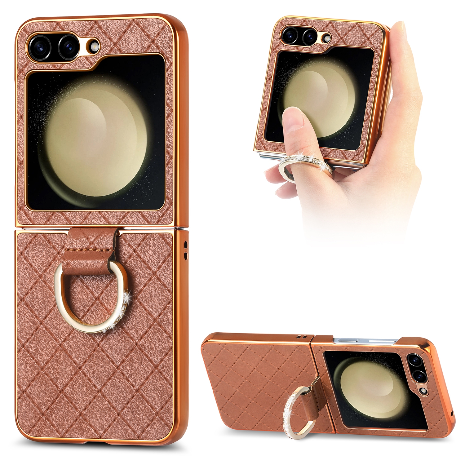 For Samsung Galaxy Z Flip5 5G Rhombus Plated Diamond Ring Phone Case(Brown) For Samsung Galaxy Z Flip5 5G Rhombus Plated Diamond Ring Phone Case(Brown)