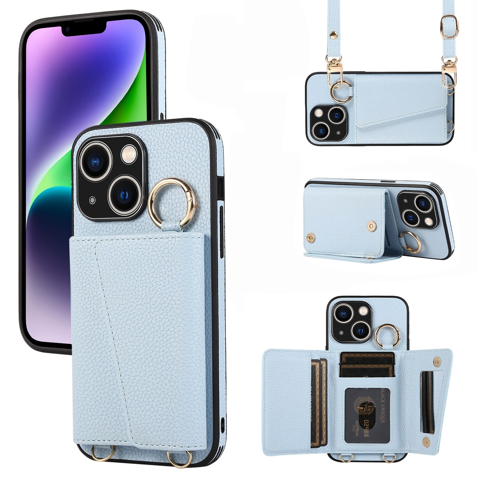 For iPhone 14 Plus Crossbody Ring Wallet Leather Back Cover Phone Case(Blue) For iPhone 14 Plus Crossbody Ring Wallet Leather Back Cover Phone Case(Blue)