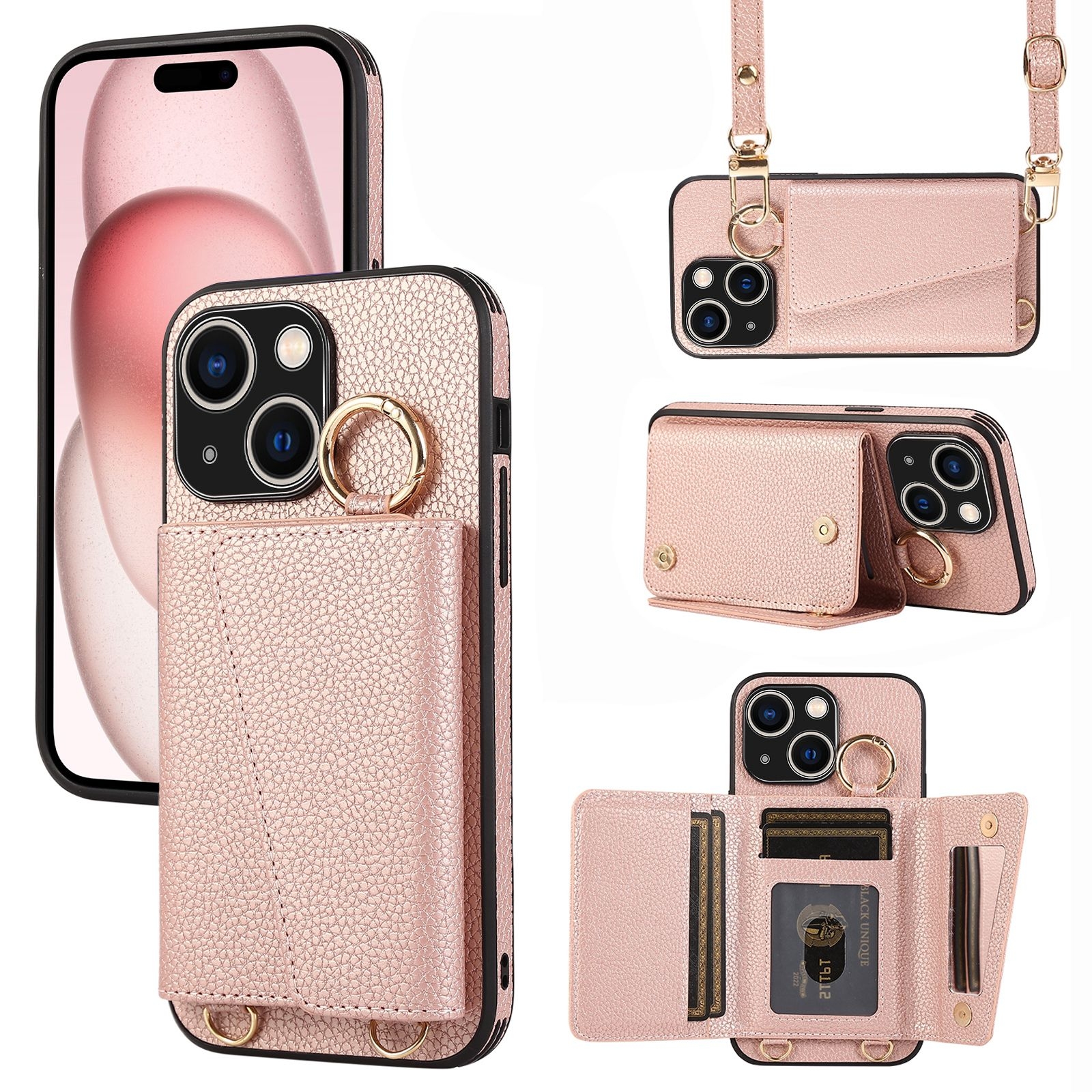 For iPhone 15 Plus Crossbody Ring Wallet Leather Back Cover Phone Case(Pink) For iPhone 15 Plus Crossbody Ring Wallet Leather Back Cover Phone Case(Pink)