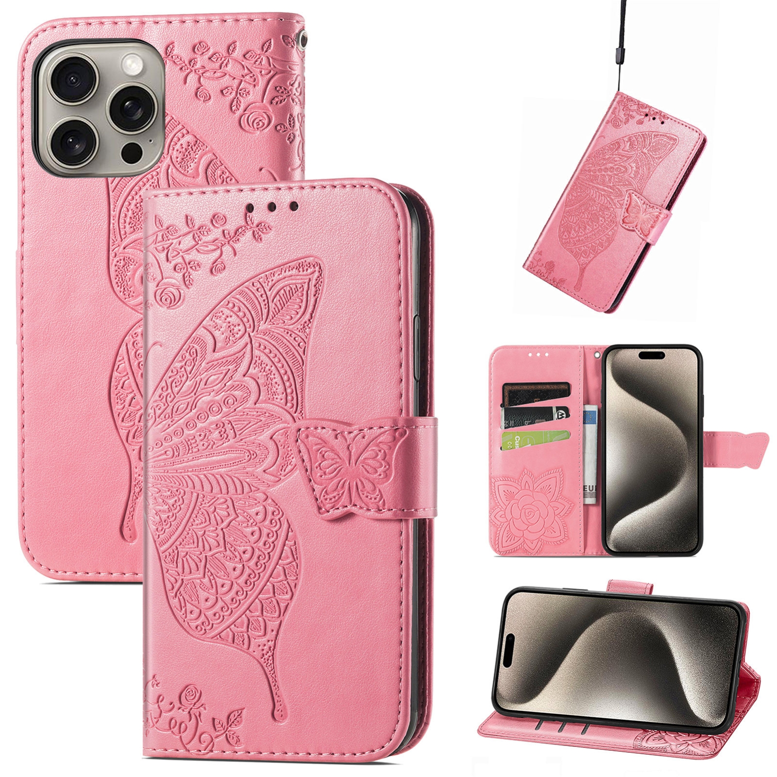 For iPhone 16 Pro Butterfly Love Flower Embossed Leather Phone Case(Pink) For iPhone 16 Pro Butterfly Love Flower Embossed Leather Phone Case(Pink)