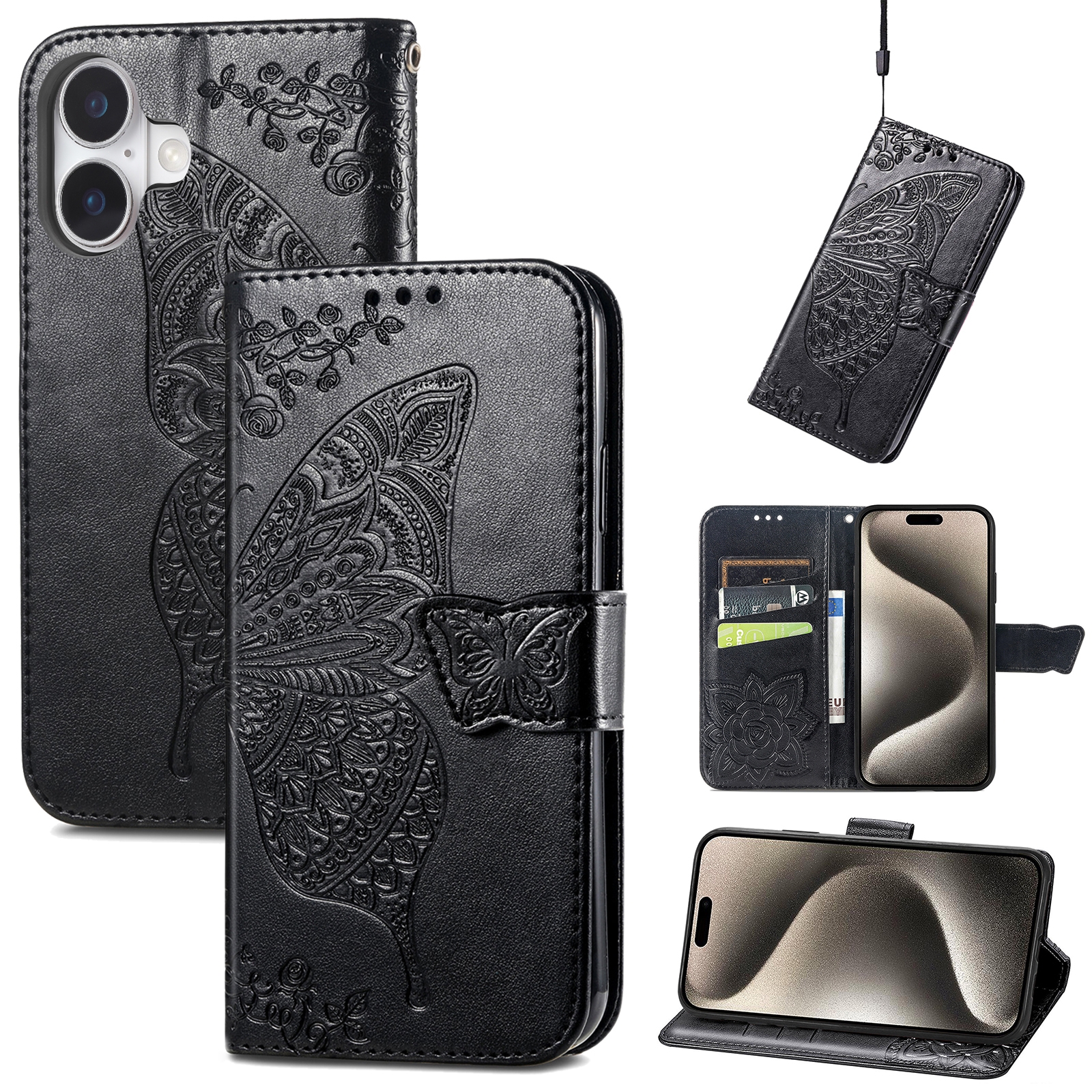 For iPhone 16 Plus Butterfly Love Flower Embossed Leather Phone Case(Black) For iPhone 16 Plus Butterfly Love Flower Embossed Leather Phone Case(Black)
