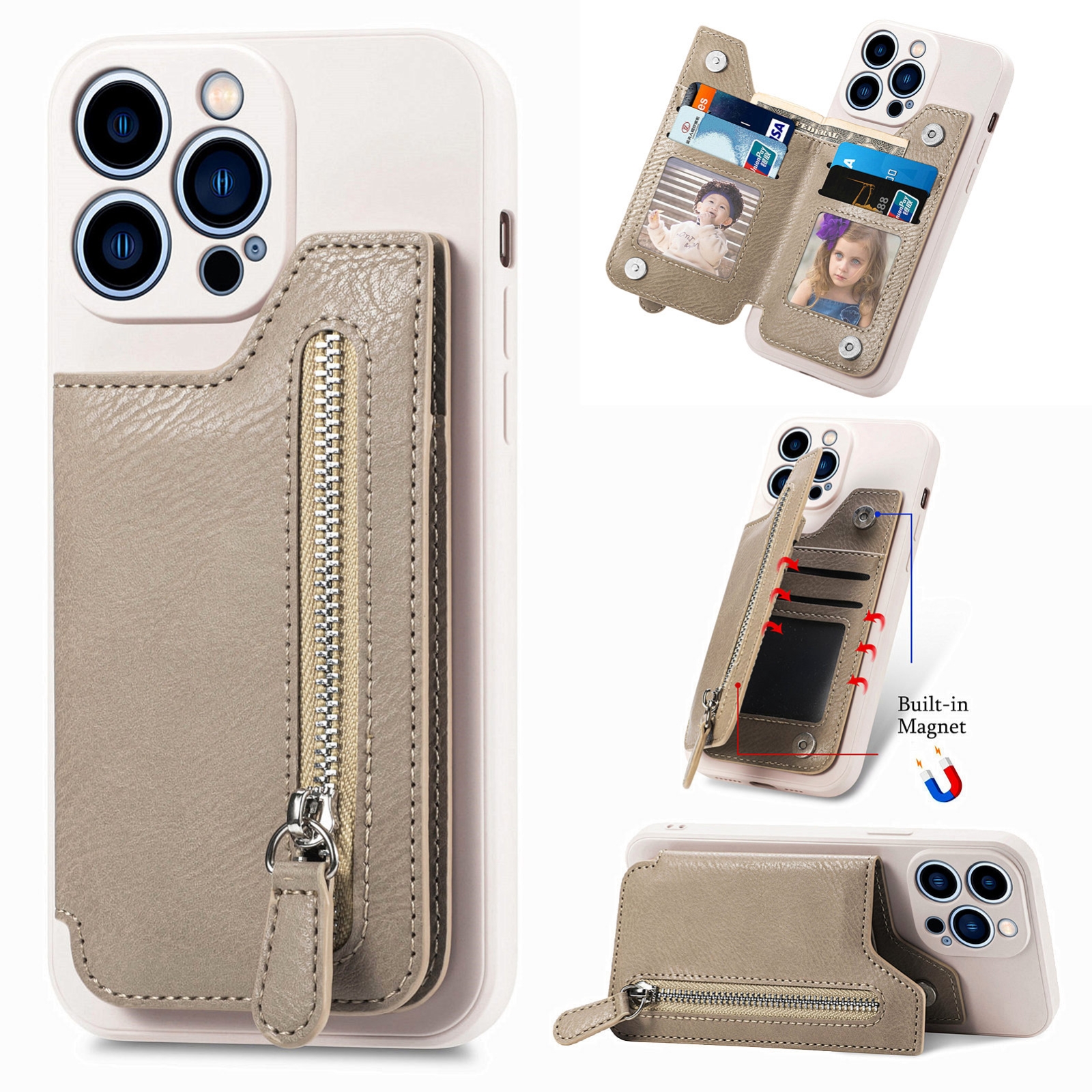For iPhone 14 Zipper Wallet Leather Back Shockproof Phone Case(Khaki) For iPhone 14 Zipper Wallet Leather Back Shockproof Phone Case(Khaki)