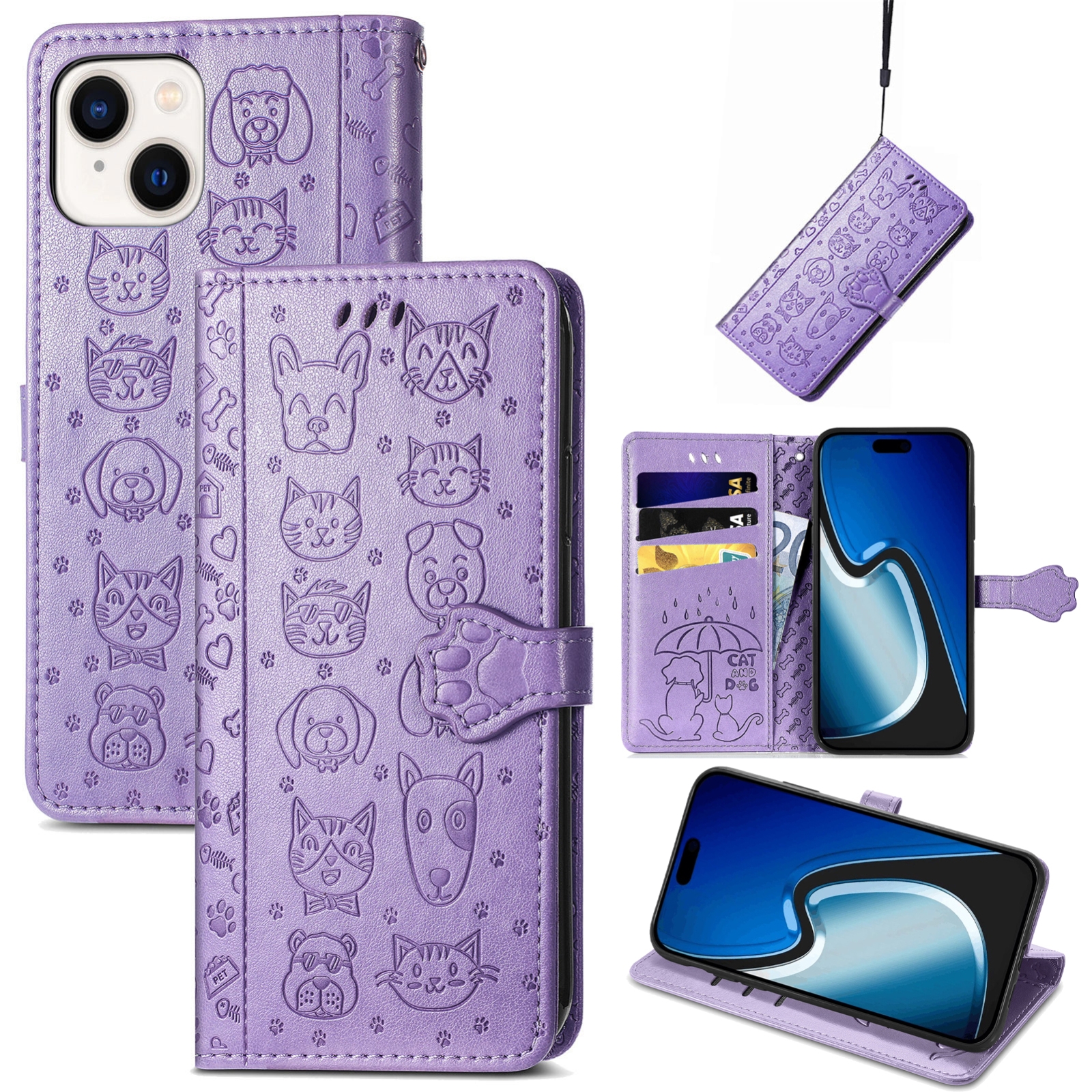 For iPhone 15 Cat and Dog Embossed Leather Phone Case(Purple) For iPhone 15 Cat and Dog Embossed Leather Phone Case(Purple)