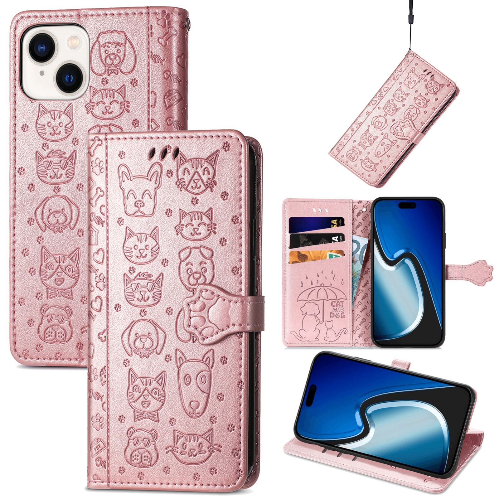 For iPhone 15 Plus Cat and Dog Embossed Leather Phone Case(Rose Gold) For iPhone 15 Plus Cat and Dog Embossed Leather Phone Case(Rose Gold)