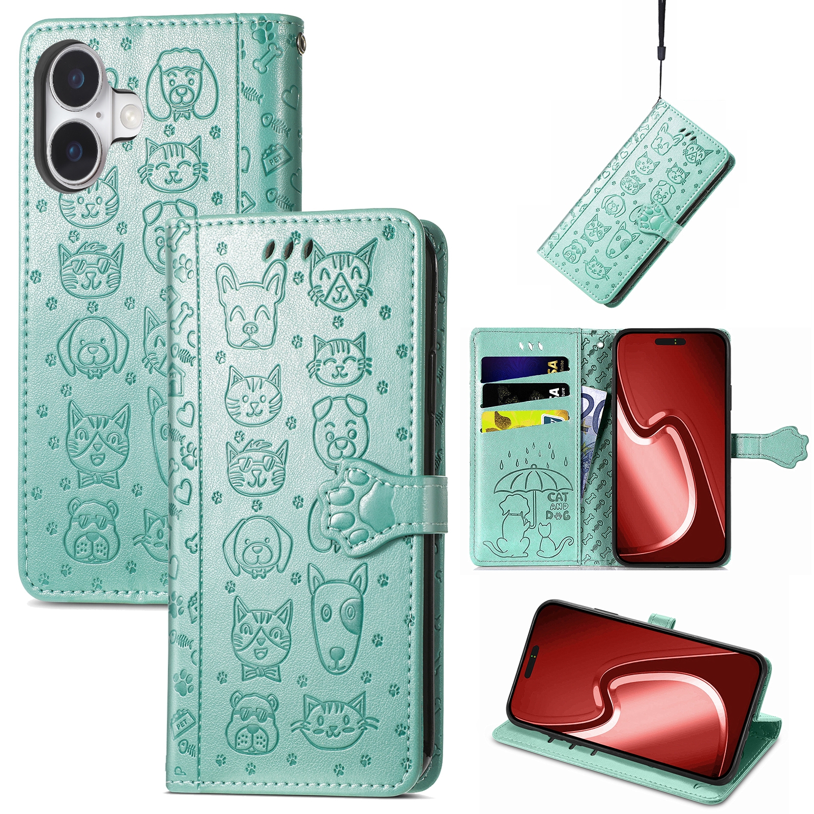 For iPhone 16 Plus Cat and Dog Embossed Leather Phone Case(Green) For iPhone 16 Plus Cat and Dog Embossed Leather Phone Case(Green)