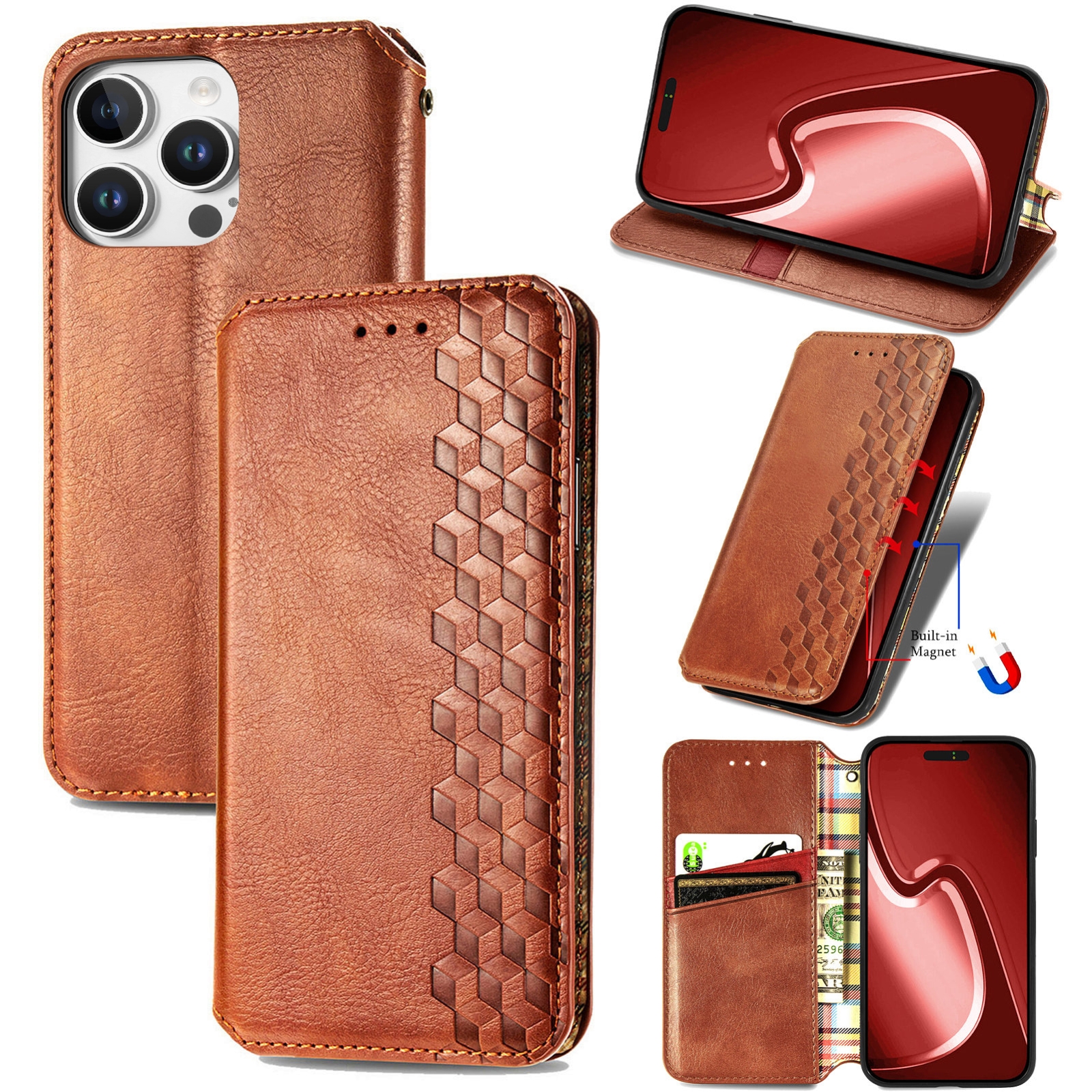 For iPhone 16 Pro Cubic Grid Pressed Magnetic Leather Phone Case(Brown) For iPhone 16 Pro Cubic Grid Pressed Magnetic Leather Phone Case(Brown)