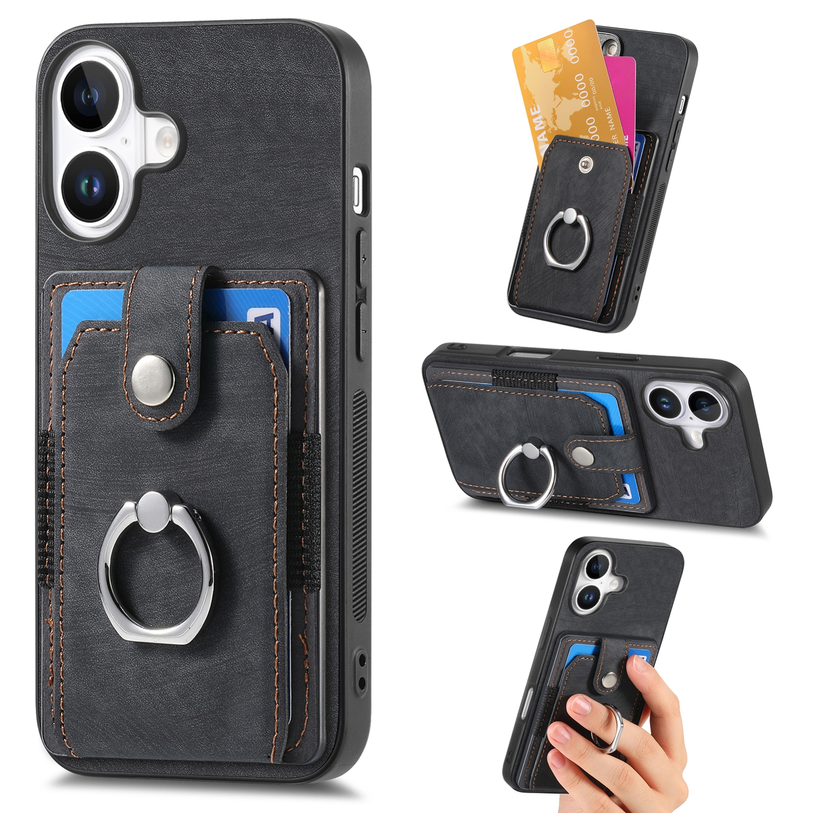 For iPhone 16 Retro Skin-feel Ring Card Wallet Phone Case(Black) For iPhone 16 Retro Skin-feel Ring Card Wallet Phone Case(Black)
