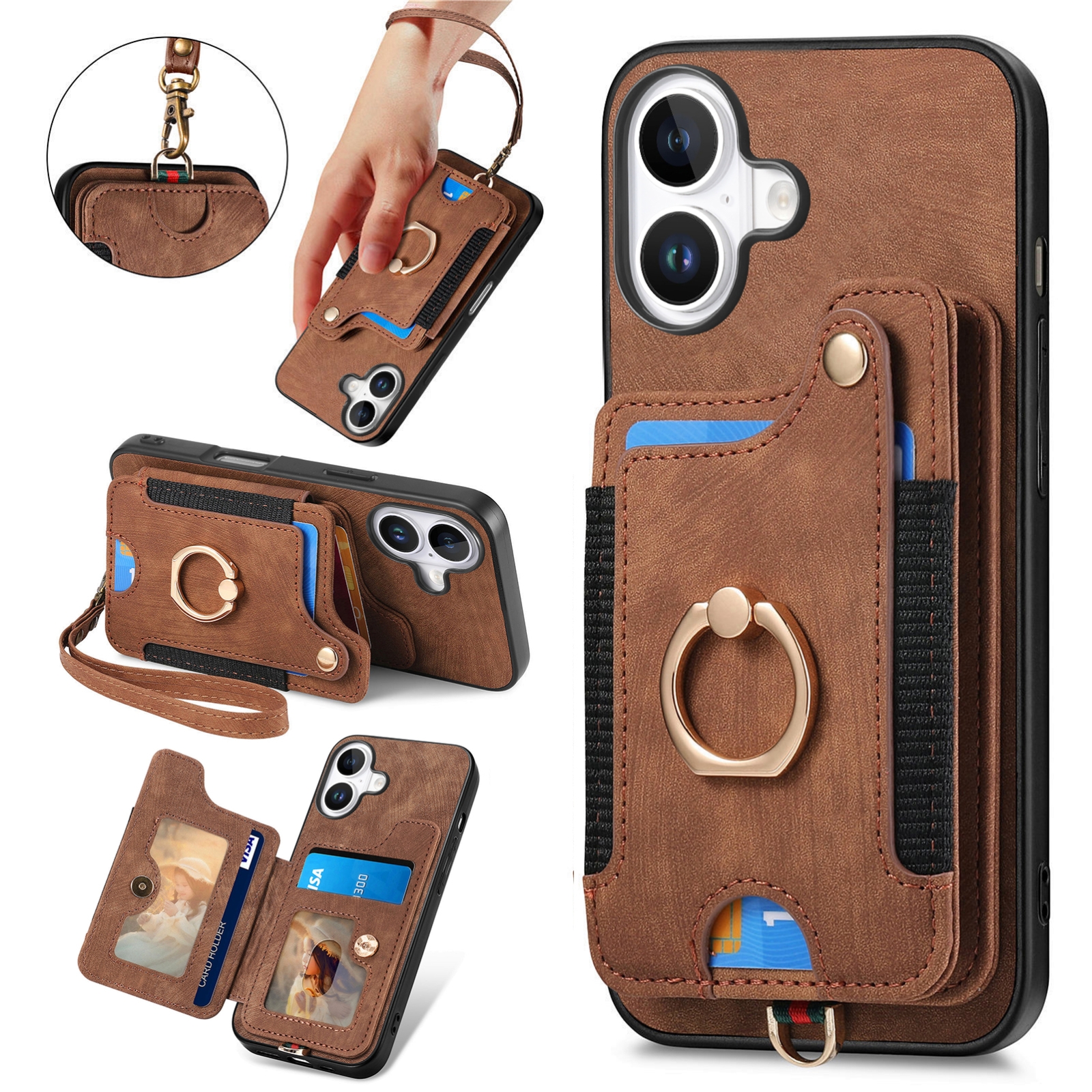 For iPhone 16 Retro Skin-feel Ring Multi-card Wallet Phone Case(Brown) For iPhone 16 Retro Skin-feel Ring Multi-card Wallet Phone Case(Brown)