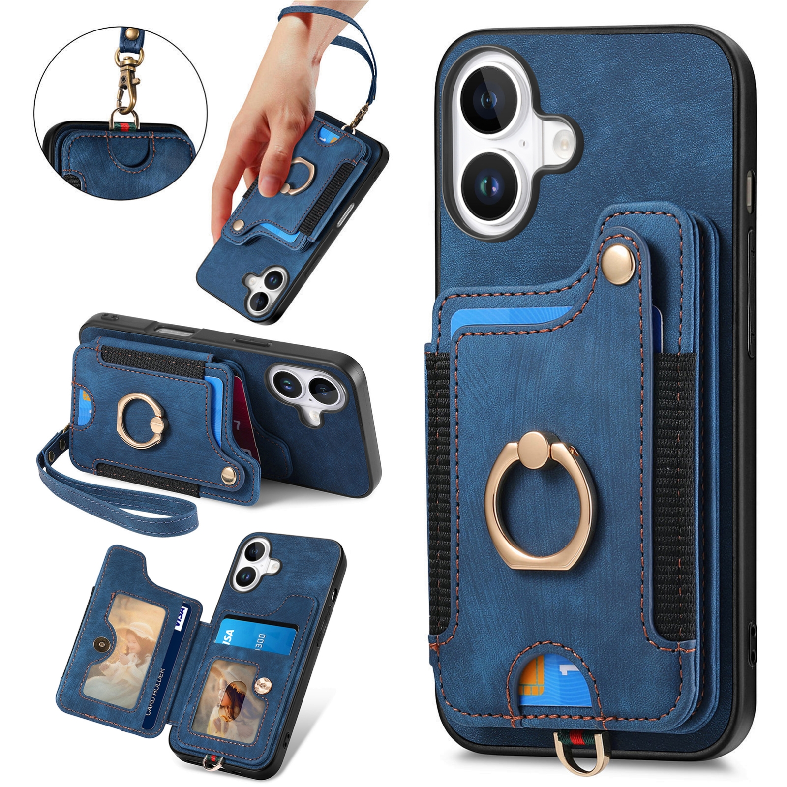 For iPhone 16 Plus Retro Skin-feel Ring Multi-card Wallet Phone Case(Blue) For iPhone 16 Plus Retro Skin-feel Ring Multi-card Wallet Phone Case(Blue)