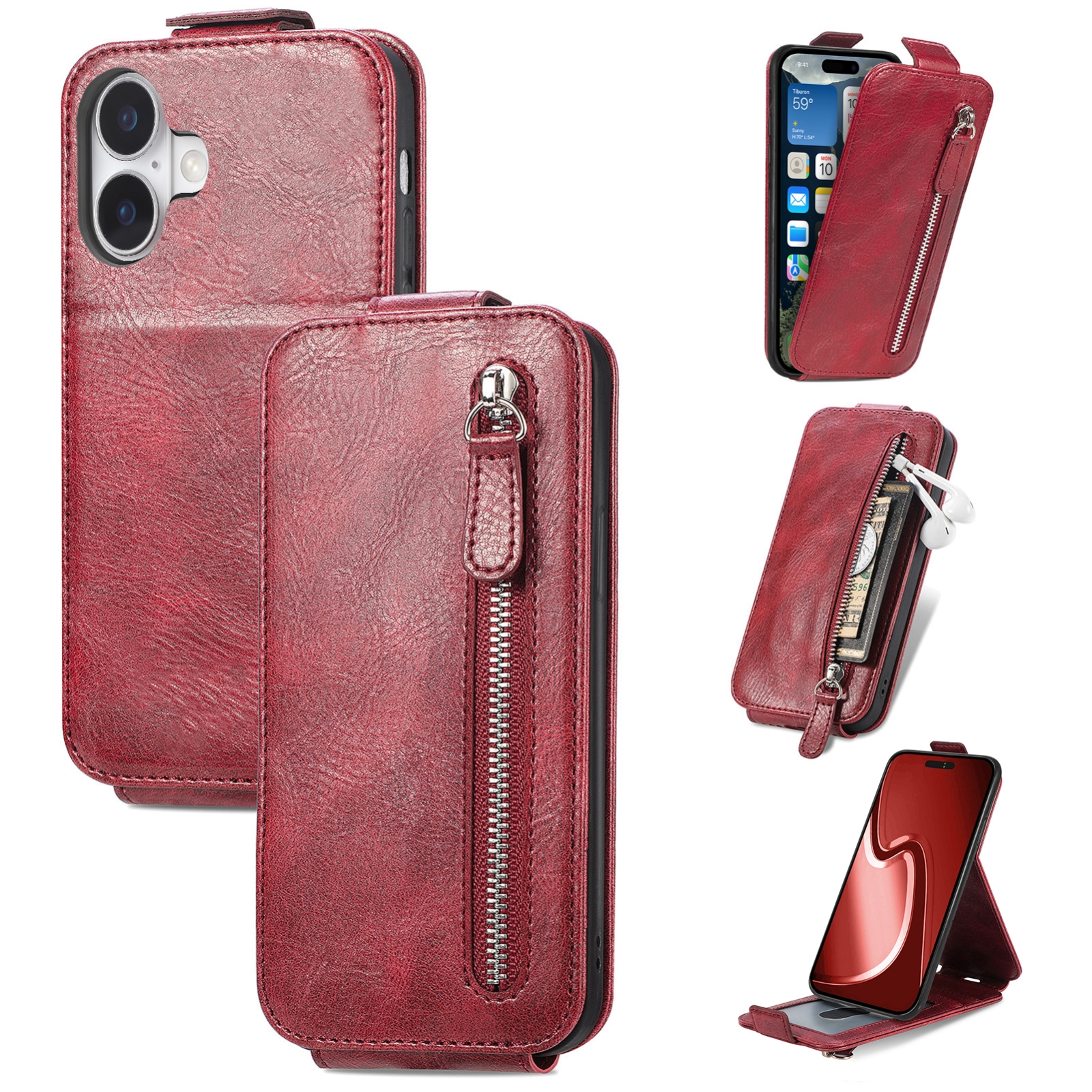 For iPhone 16 Zipper Wallet Vertical Flip Leather Phone Case(Red) For iPhone 16 Zipper Wallet Vertical Flip Leather Phone Case(Red)
